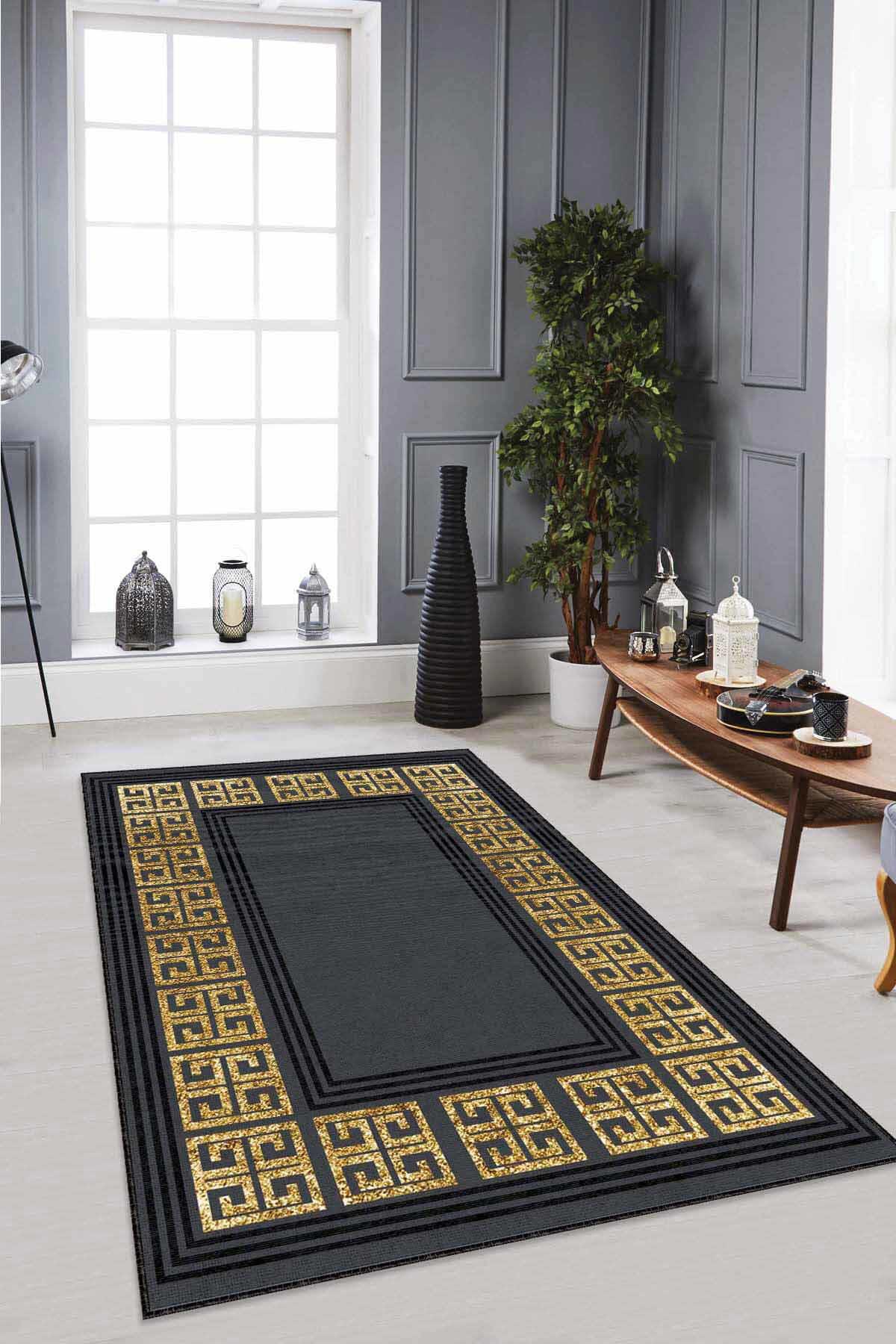 Viva Home RV034 Altın-Siyah 7 mm Mikropolyester Antibakteriyel Yıkanabilir Kalın Kaymaz Lateks Taban Dikdörtgen Makine Dokuma Salon Halısı 160x230 cm