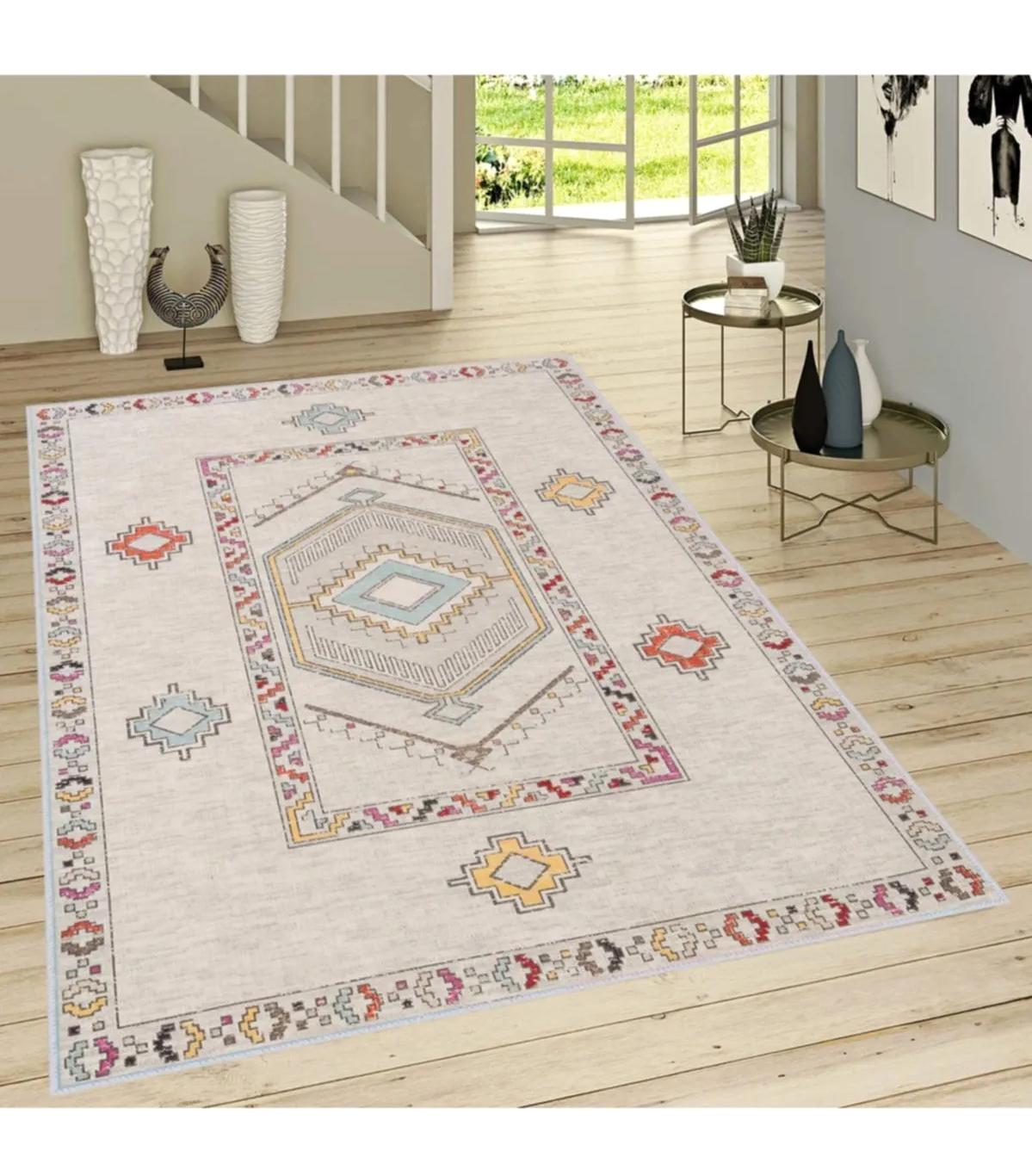 Rovigo Home RVG1679 Krem 8 mm Polyester Antibakteriyel-Leke Tutmaz-Toz Tutmaz Yıkanabilir İnce Kaymaz Dot Taban Dikdörtgen Makine Dokuma Salon Halısı 120x180 cm
