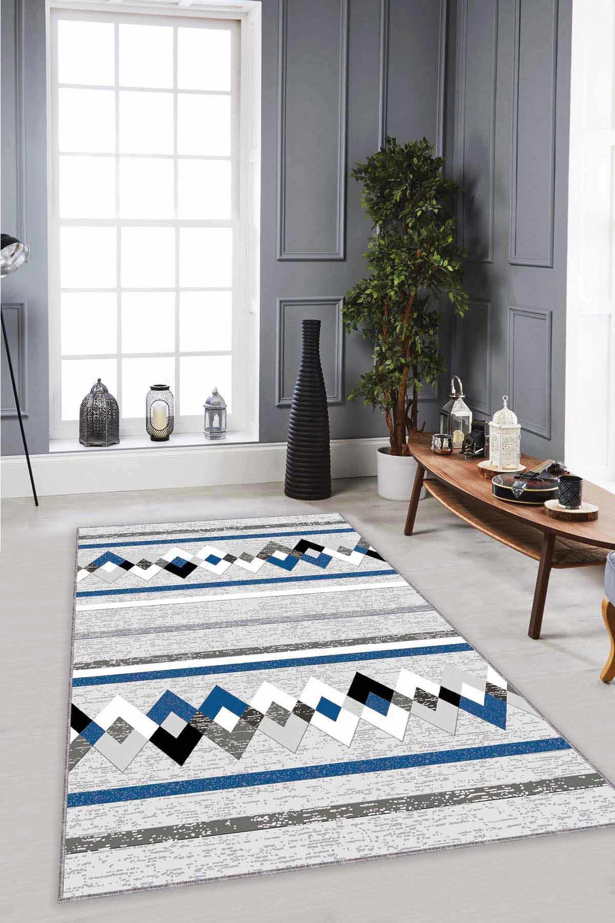 Viva Home RT06 Mavi 7 mm Mikropolyester Antialerjenik Yıkanabilir İnce Kaymaz Dikdörtgen Makine Dokuma Salon Halısı 80x500 cm