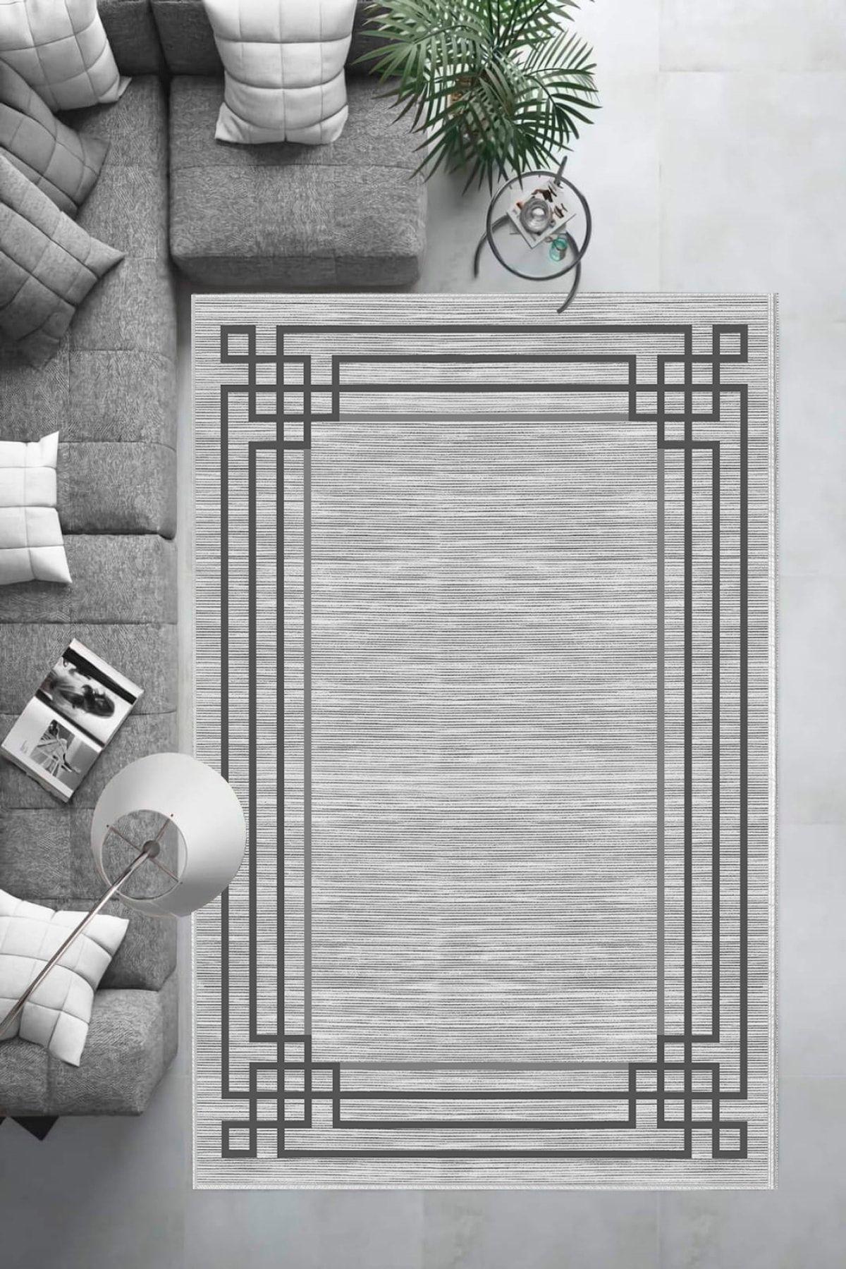 Aldora B1242 Gri 9 mm Deri Toz Tutmaz Yıkanabilir İnce Kaymaz Pamuk Taban Dikdörtgen Makine Dokuma Salon Halısı 100x200 cm