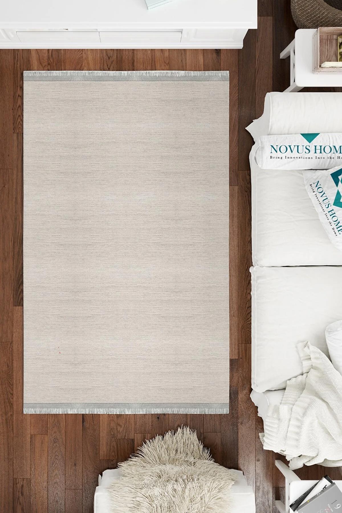 Novus Home Verona Serisi Krem 6 mm Polyester Antibakteriyel-Toz Tutmaz-Yalıtıma Yardımcı Yıkanabilir İnce Kaymaz Taban Dikdörtgen Makine Dokuma Antre-Salon-Yatak Odası Halısı 100x150 cm