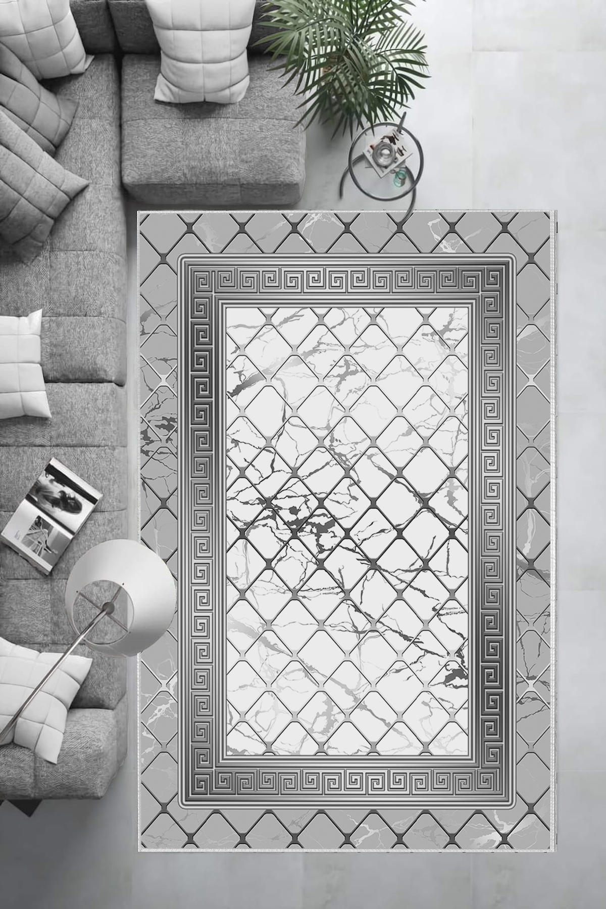 Aldora Antrasit - Beyaz 0.8 mm Polipropilen Yıkanabilir Orta Kaymaz Deri Taban Dikdörtgen Makine Dokuma Salon Halısı 120x180 cm