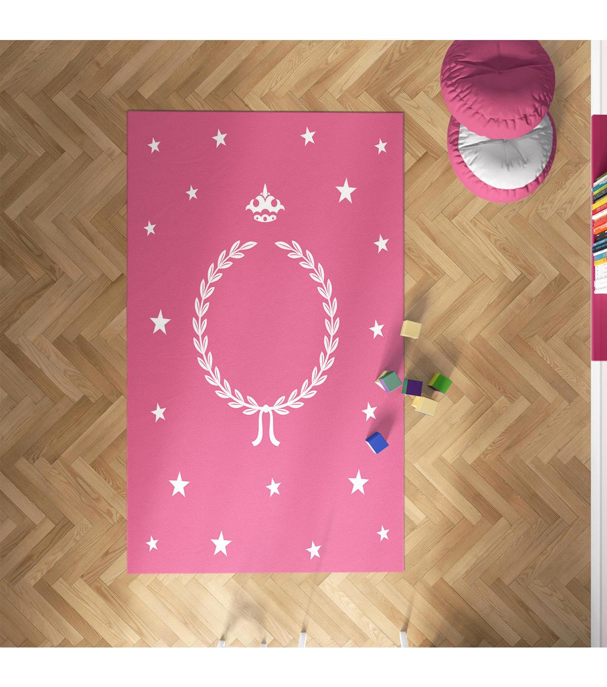 Chiron Baby Ceritti CRTT017 Pembe 5 mm Pamuk-Polyester Antialerjenik Yıkanabilir İnce Kaymaz Taban Figürlü Dikdörtgen Makine Dokuma Çocuk Odası Halısı 180x180 cm