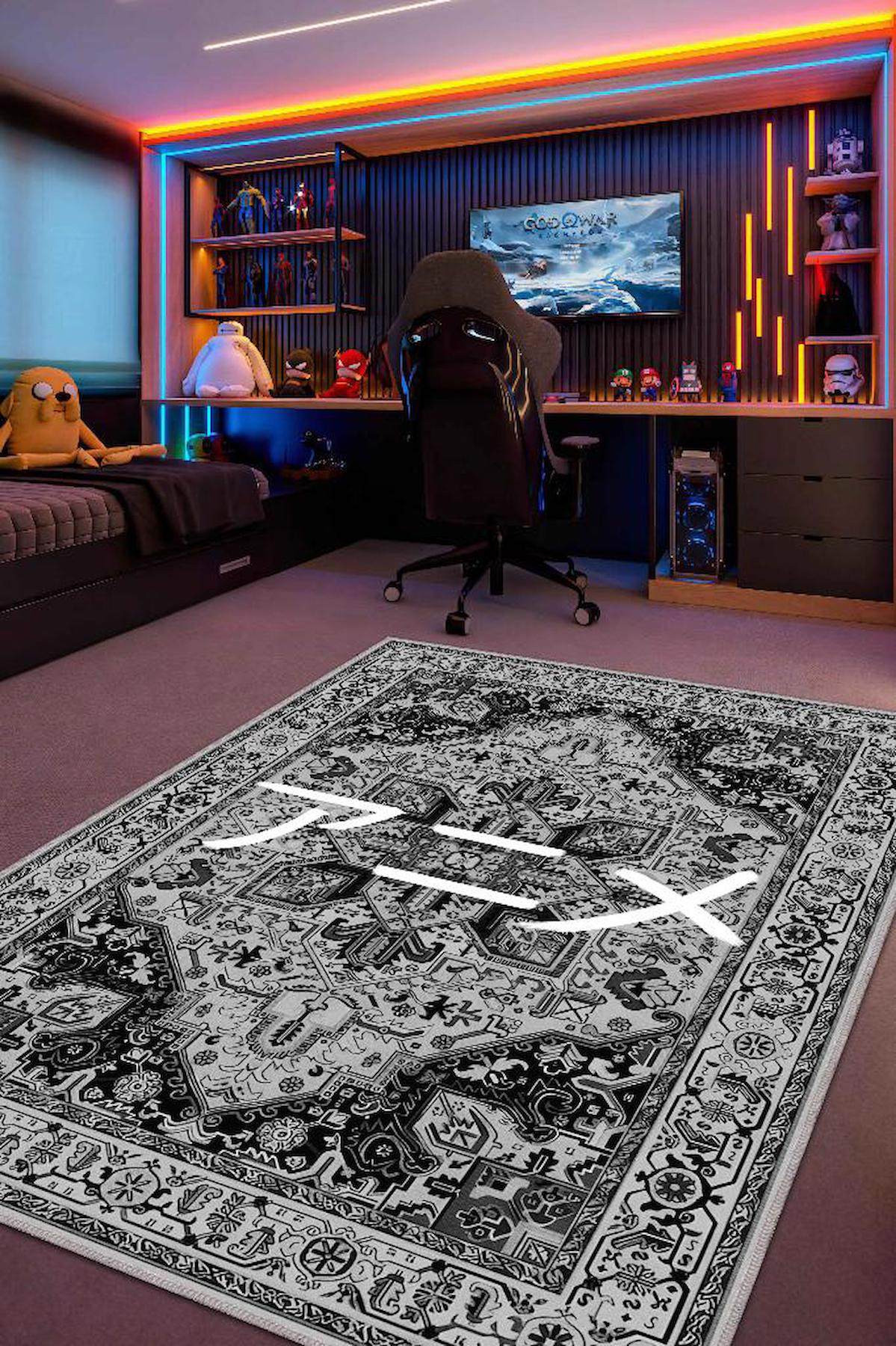 Homshtag Anime Gri 4 mm Pamuk Antistatik Yıkanabilir İnce Kaymaz Dikdörtgen Makine Dokuma Genç Odası Halısı 80x180 cm
