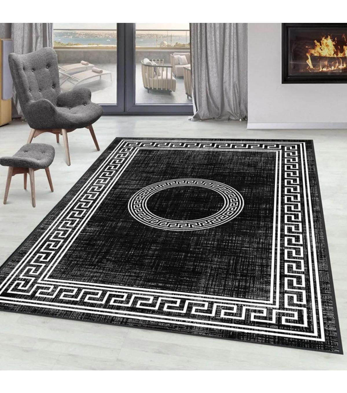 Rovigo Home RVG0074-SD586 Gri-Siyah 8 mm Polyester Yıkanabilir Orta Kaymaz Dot Taban Dikdörtgen Makine Dokuma Salon Halısı 80x500 cm