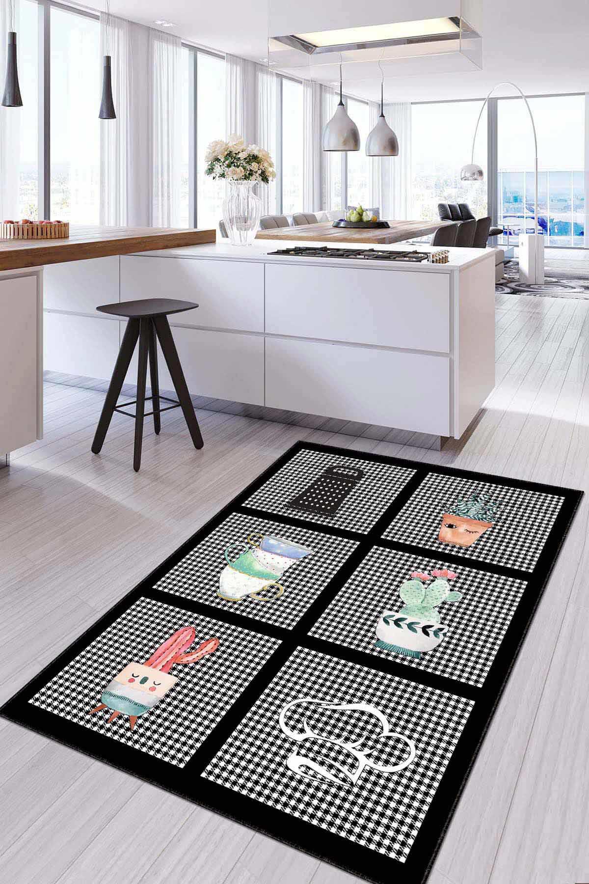 Viva Home AR712 Siyah 7 mm Mikropolyester Antibakteriyel Yıkanabilir İnce Kaymaz Lateks Taban Dikdörtgen Makine Dokuma Salon Halısı 100x200 cm