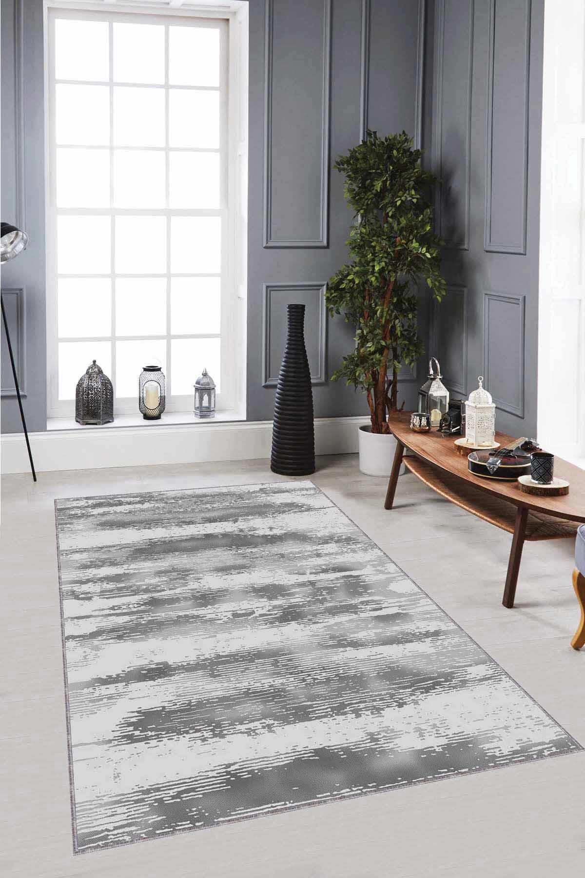 Viva Home MU006 Gri 7 mm Mikropolyester Toz Tutmaz Yıkanabilir İnce Kaymaz Dot Taban Dikdörtgen Makine Dokuma Salon Halısı 120x180 cm