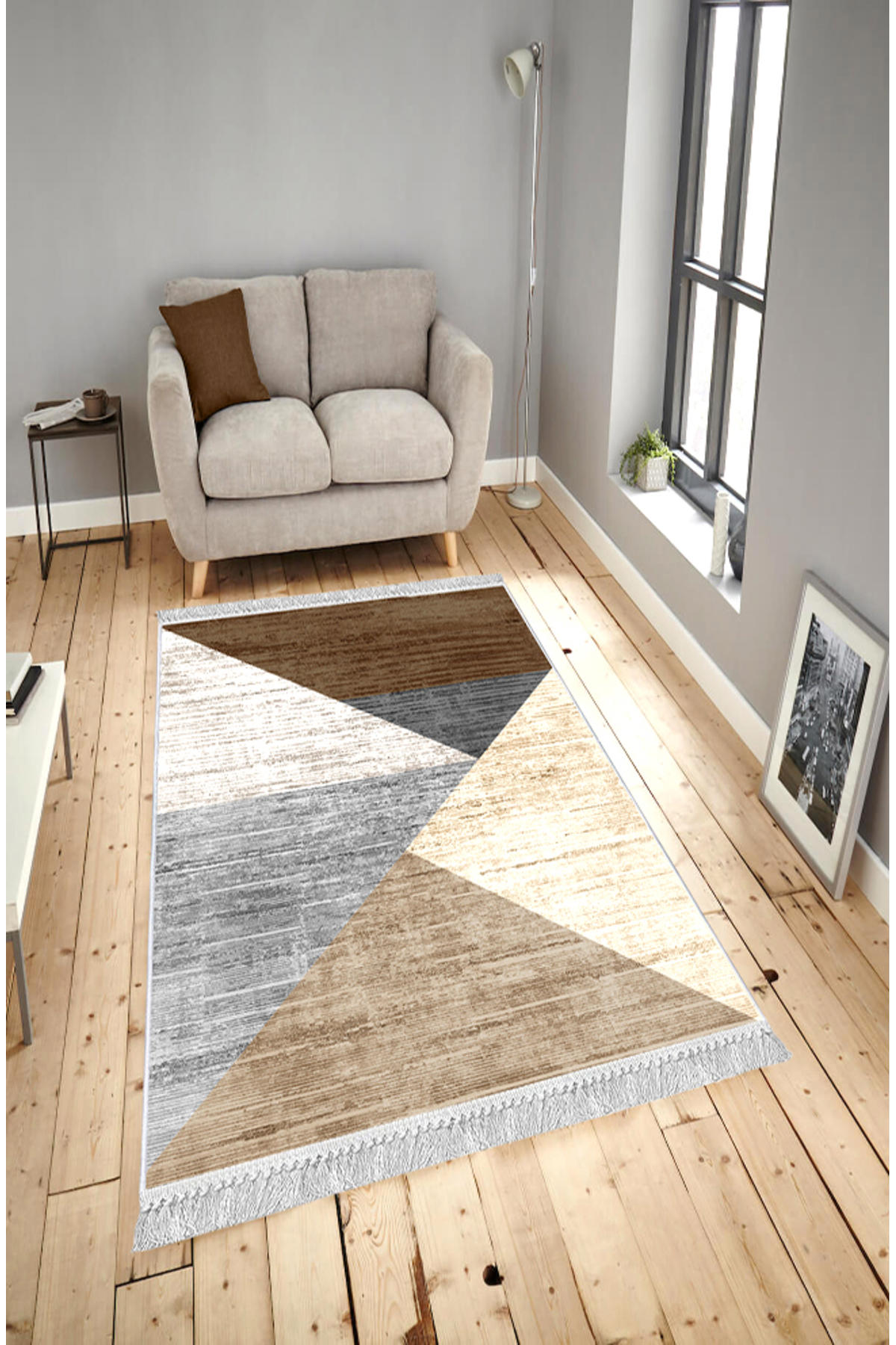 Artizon ART093 Bej 0.8 mm Polyester Toz Tutmaz Yıkanabilir İnce Kaymaz Dot Taban Dikdörtgen Makine Dokuma Salon Halısı 150x230 cm