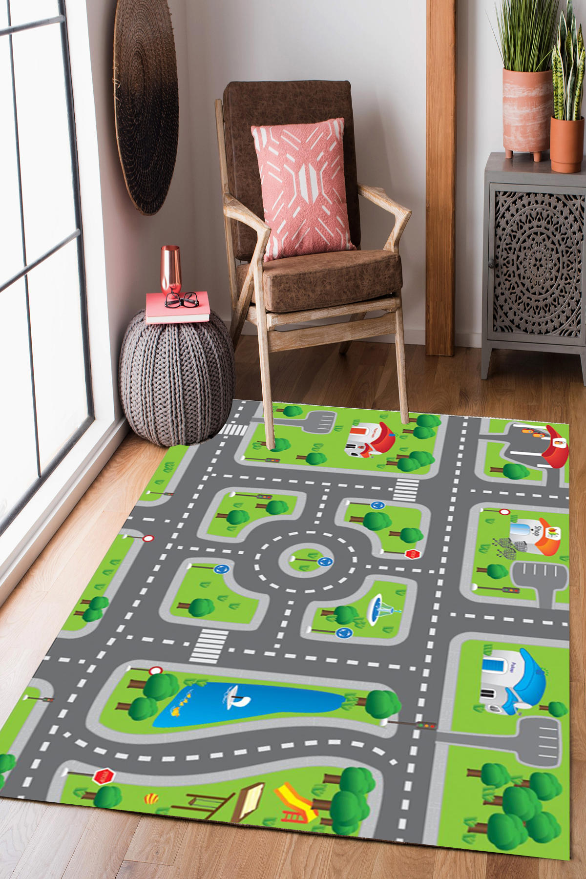 Homier Collection H-CK-10164A Gri 7 mm Pamuk Antibakteriyel Yıkanabilir Orta Kaymaz Dot Taban Dikdörtgen Makine Dokuma Çocuk Odası Halısı 100x160 cm