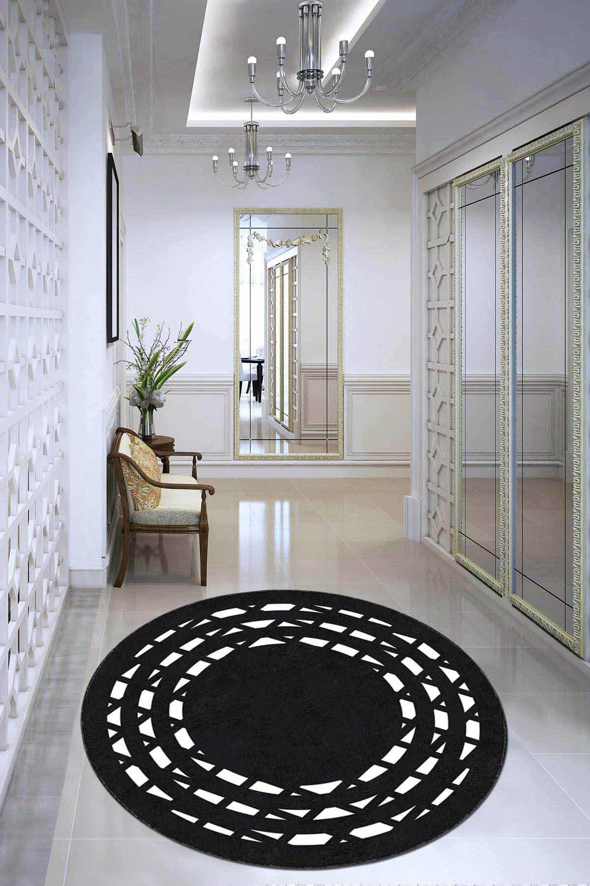 Viva Home AR937 Siyah 7 mm Mikropolyester Antibakteriyel Yıkanabilir Kalın Kaymaz Lateks Taban Yuvarlak Makine Dokuma Salon Halısı 100x200 cm