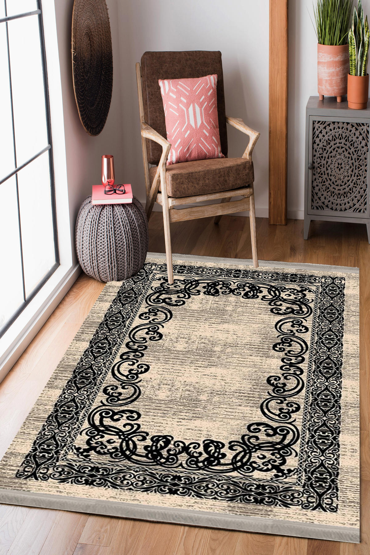 Homier Collection H-KS-3051B Krem 7 mm Pamuk Antibakteriyel Yıkanabilir Orta Kaymaz Dot Taban Dikdörtgen Makine Dokuma Salon Halısı 120x160 cm