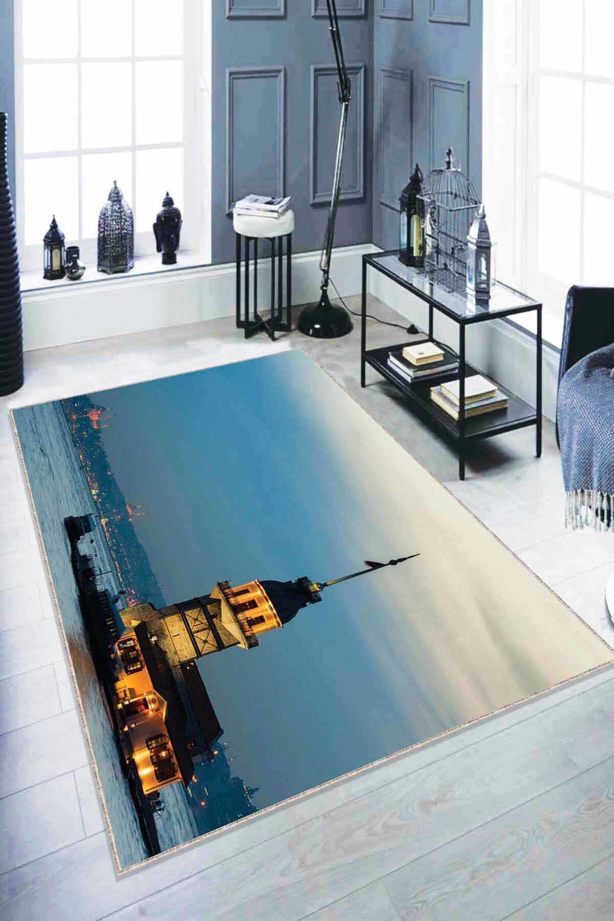 Viva Home RV334 Mavi 7 mm Mikropolyester Antibakteriyel Yıkanabilir İnce Kaymaz Dikdörtgen Makine Dokuma Salon Halısı 120x200 cm