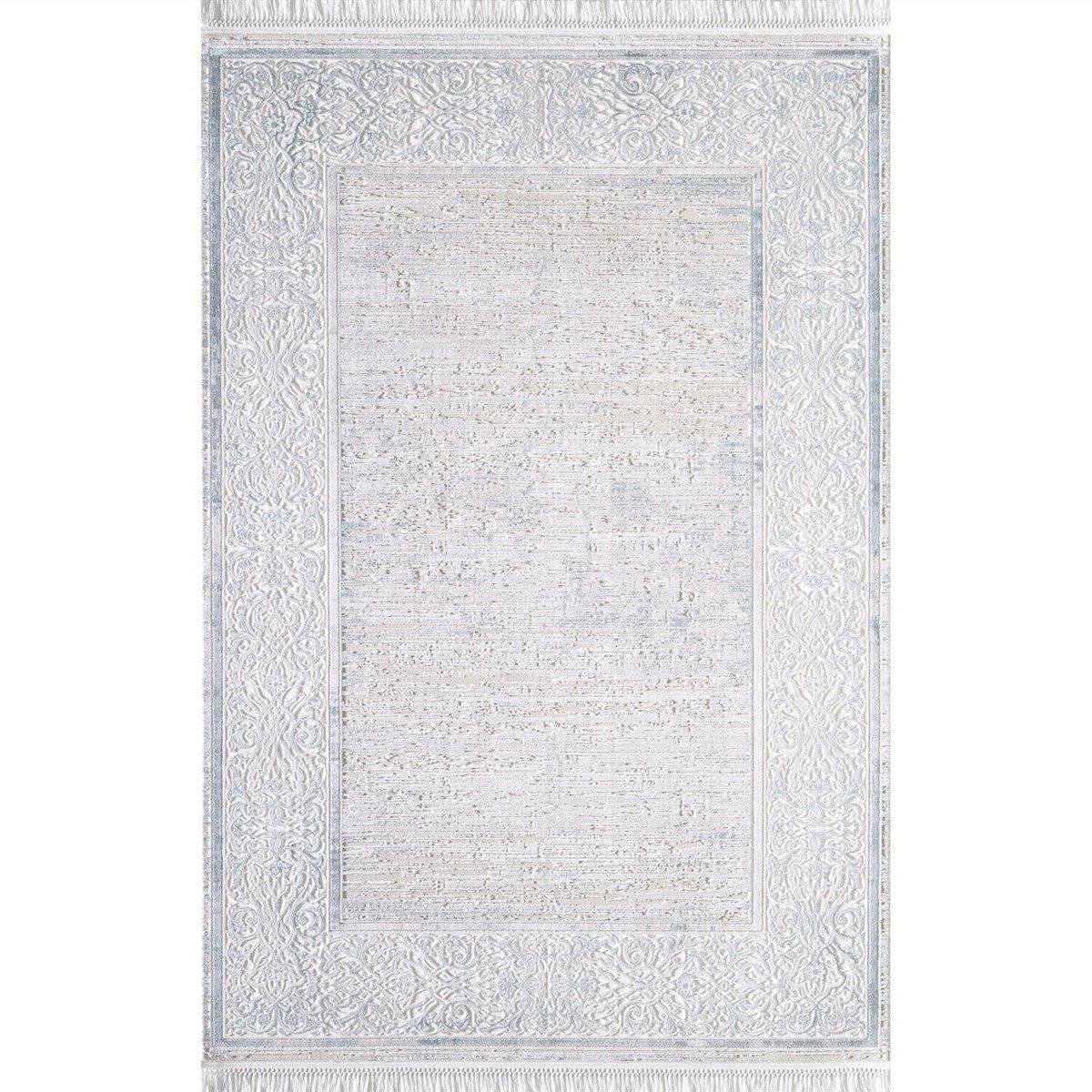 Artemis Halı 0706A Krem - Mavi 11 mm Viskon Yıkanabilir İnce Kaymaz Jüt Taban Dikdörtgen Makine Dokuma Salon Halısı 100x150 cm
