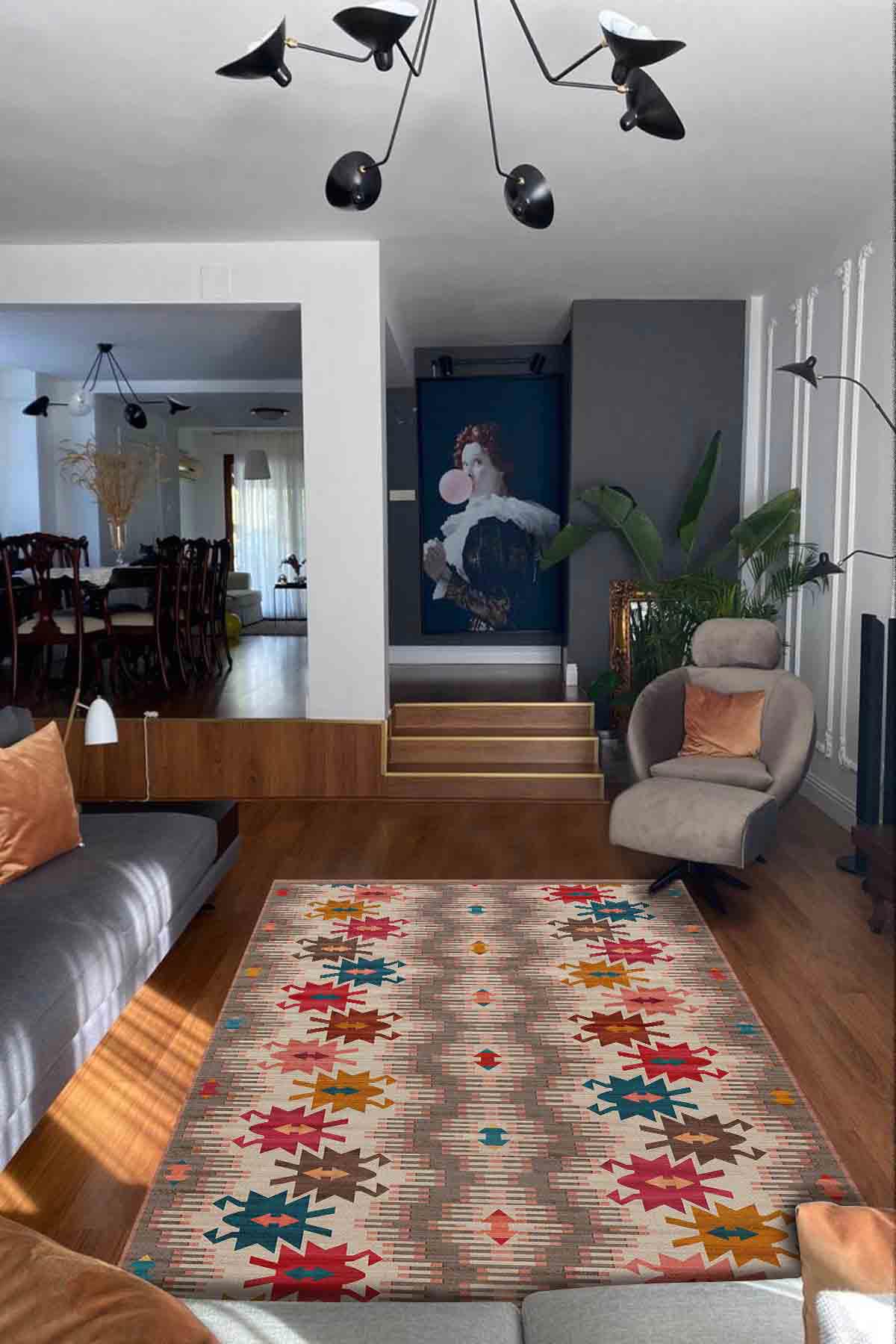 Latte Dizayn Eline Krem 0.5 mm Pamuk Antibakteriyel Yıkanabilir İnce Kaymaz Dikdörtgen Makine Dokuma Salon Halısı 100x300 cm