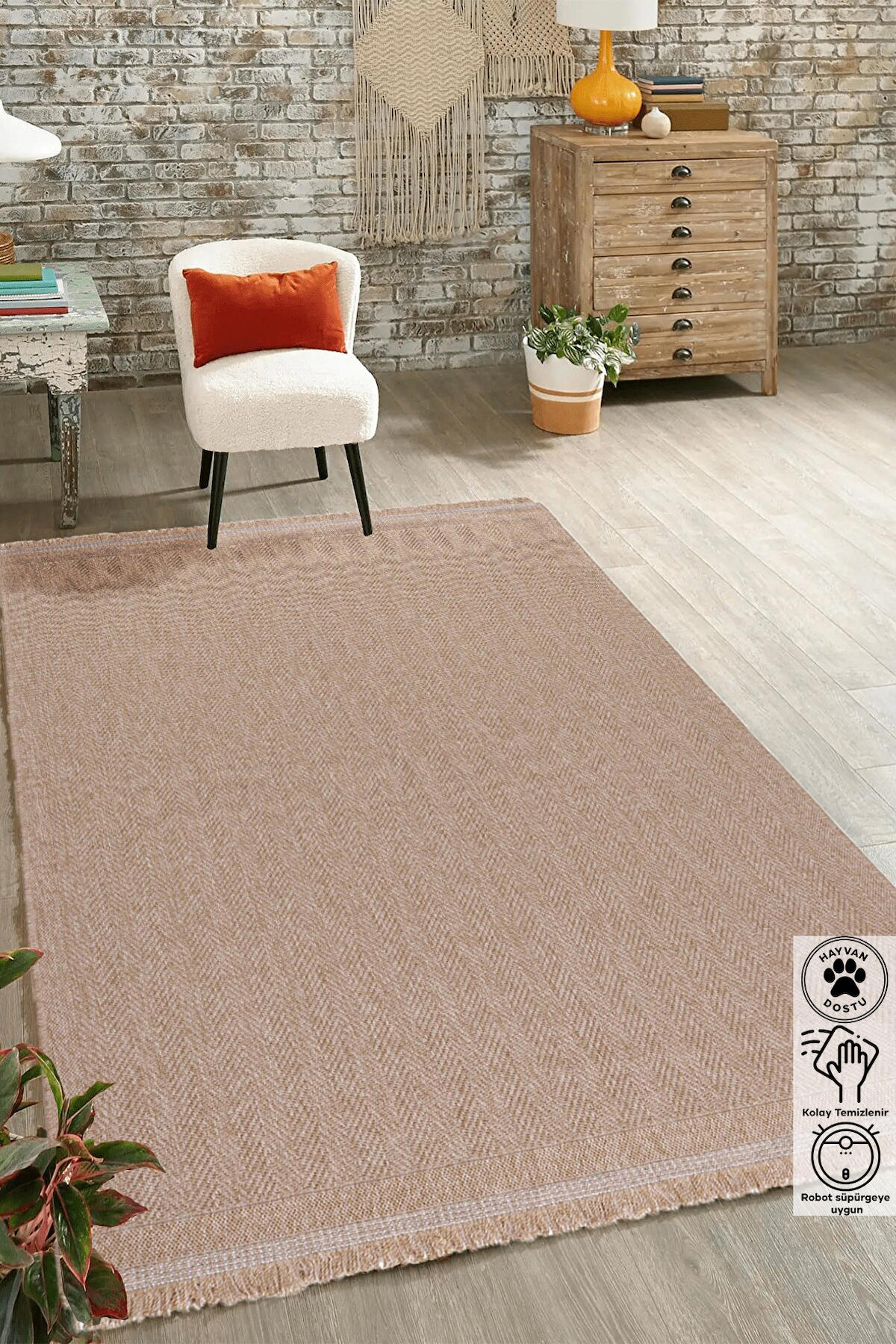 Inter Weaving 08753AJJ Kahverengi 0.8 mm Polipropilen Yıkanabilir İnce Kaymaz Jüt Taban Oval Makine Dokuma Salon Halısı 200x290 cm