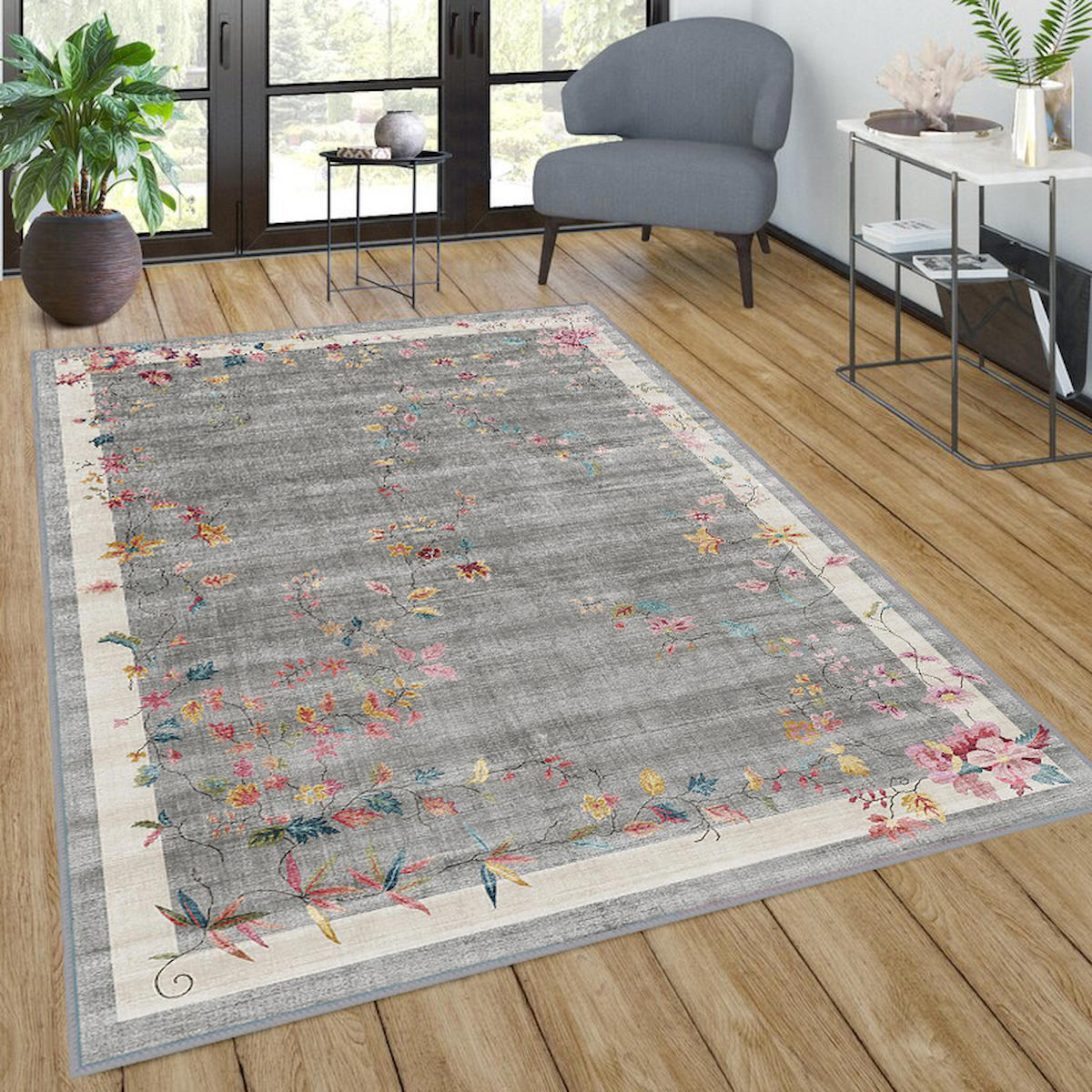 Rovigo Home RVG1035 Gri 8 mm Polyester Leke Tutmaz-Toz Tutmaz Yıkanabilir İnce Kaymaz Dot Taban Dikdörtgen Makine Dokuma Salon Halısı 100x150 cm