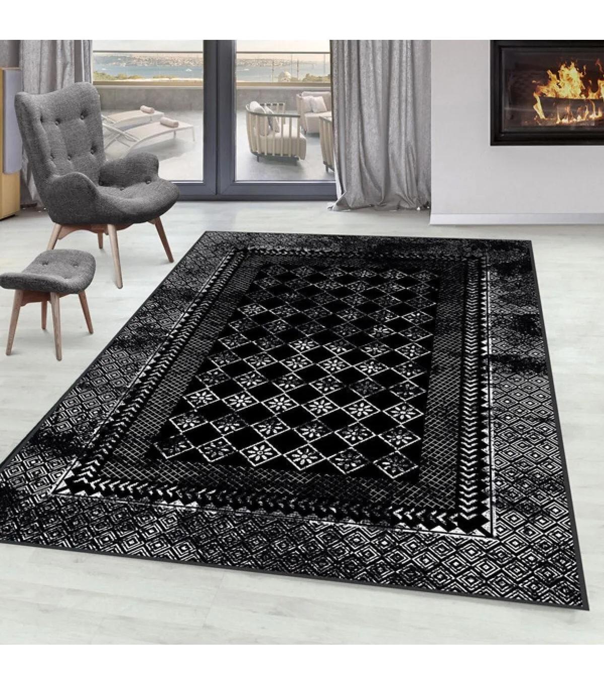 Rovigo Home RVG0107-SD1137 Beyaz - Siyah 8 mm Polyester Yıkanabilir Orta Kaymaz Dot Taban Dikdörtgen Makine Dokuma Salon Halısı 80x500 cm