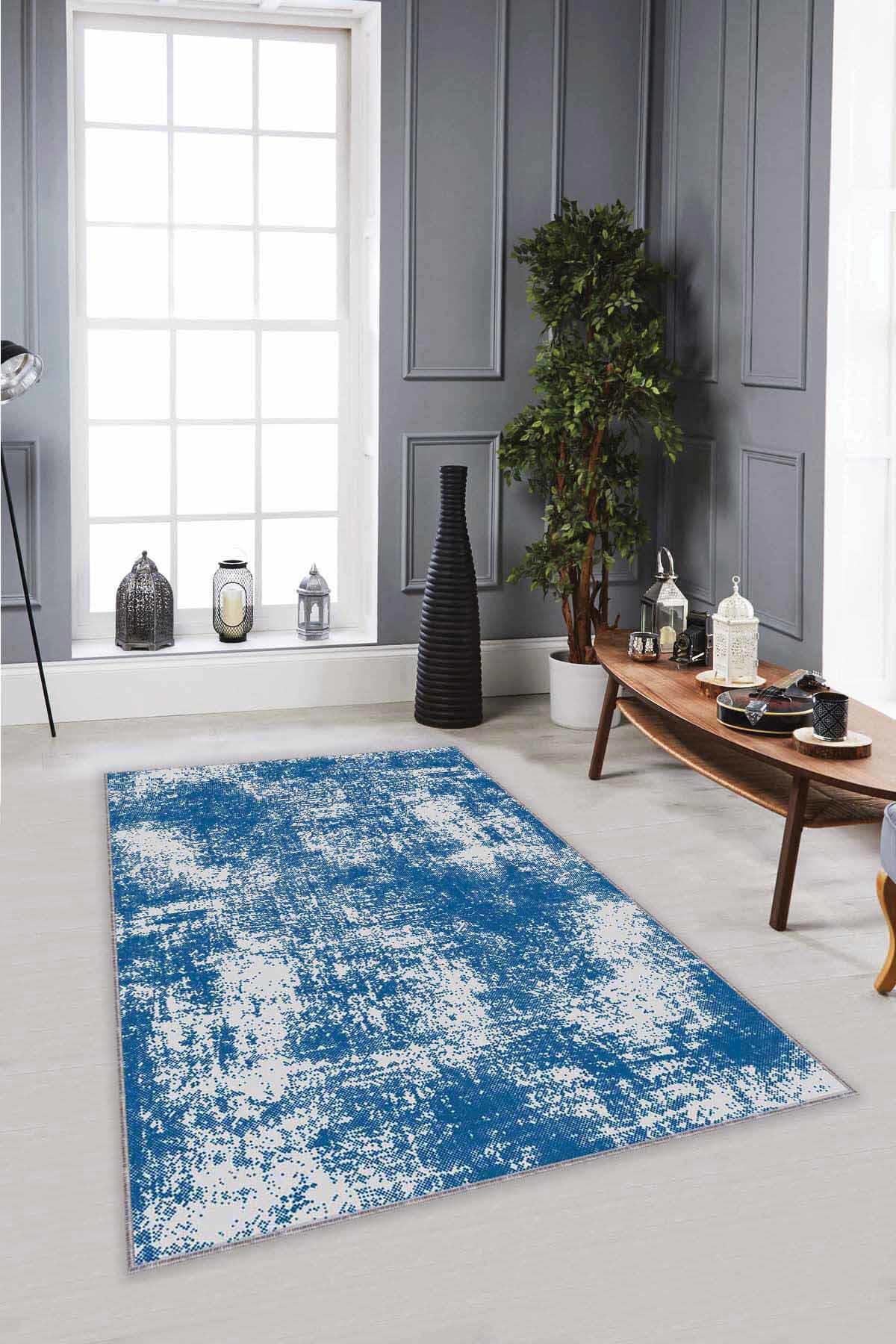 Viva Home SS02 Mavi 7 mm Mikropolyester Antialerjenik Yıkanabilir İnce Kaymaz Dot Taban Dikdörtgen Makine Dokuma Salon Halısı 80x200 cm