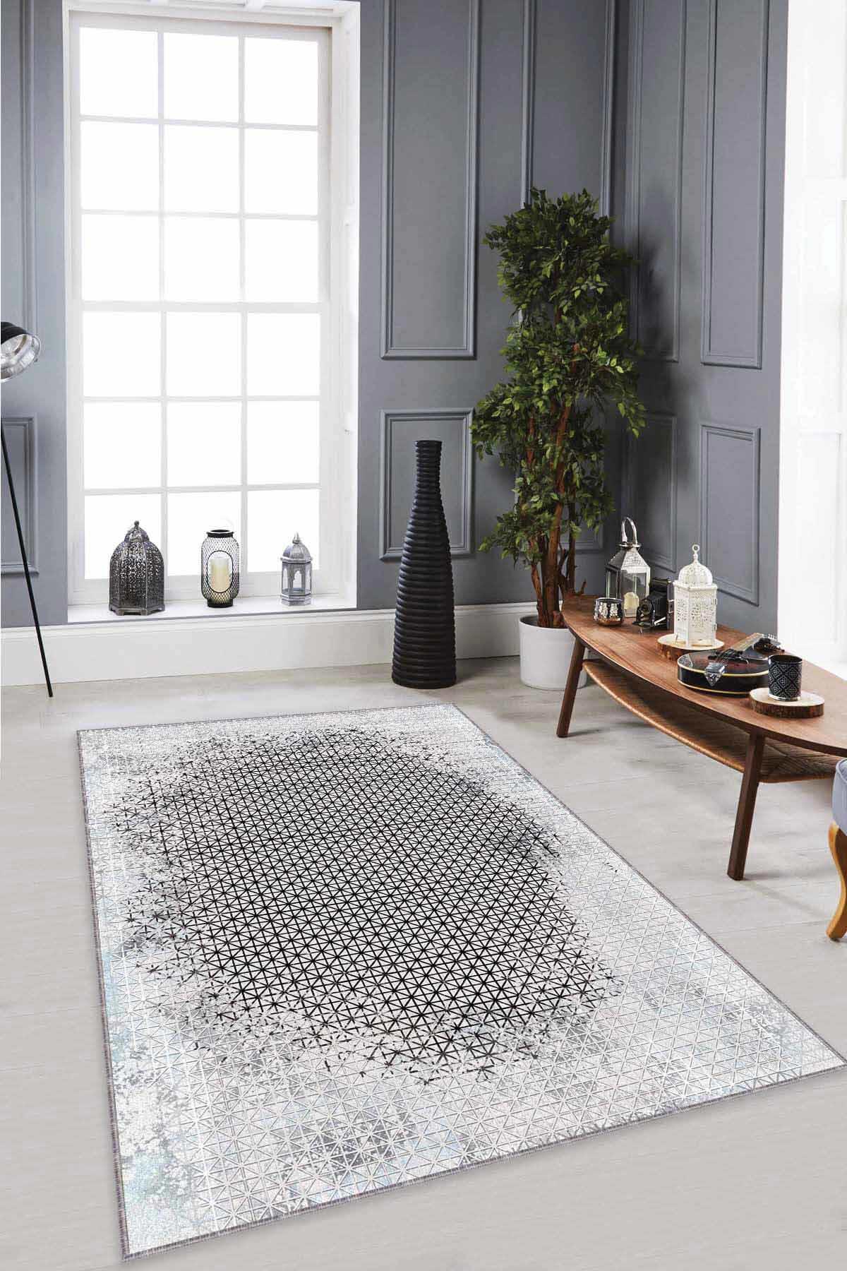 Viva Home AR550 Gri 7 mm Mikropolyester Toz Tutmaz Yıkanabilir İnce Kaymaz Dot Taban Dikdörtgen Makine Dokuma Salon Halısı 100x250 cm