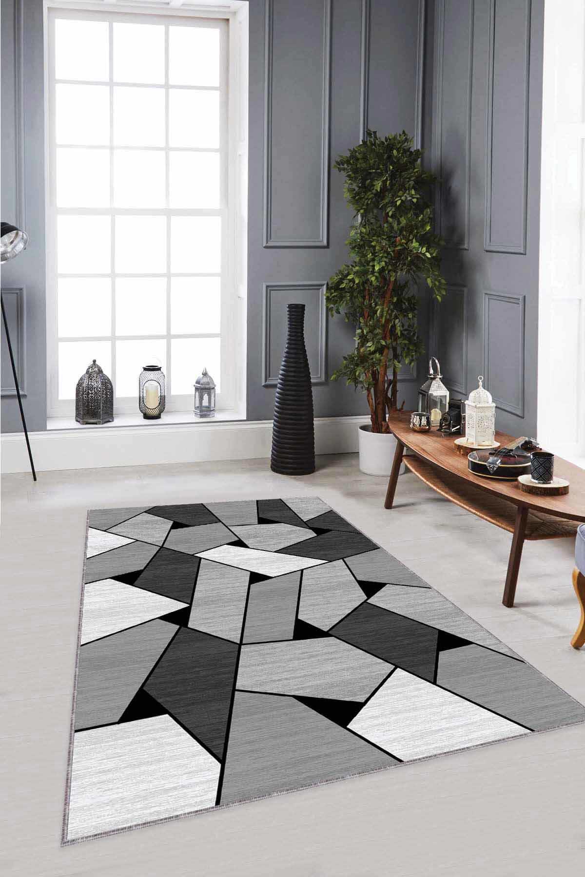 Viva Home WL01 Gri 7 mm Mikropolyester Toz Tutmaz Yıkanabilir İnce Kaymaz Dot Taban Geometrik Dikdörtgen Makine Dokuma Salon Halısı 100x200 cm