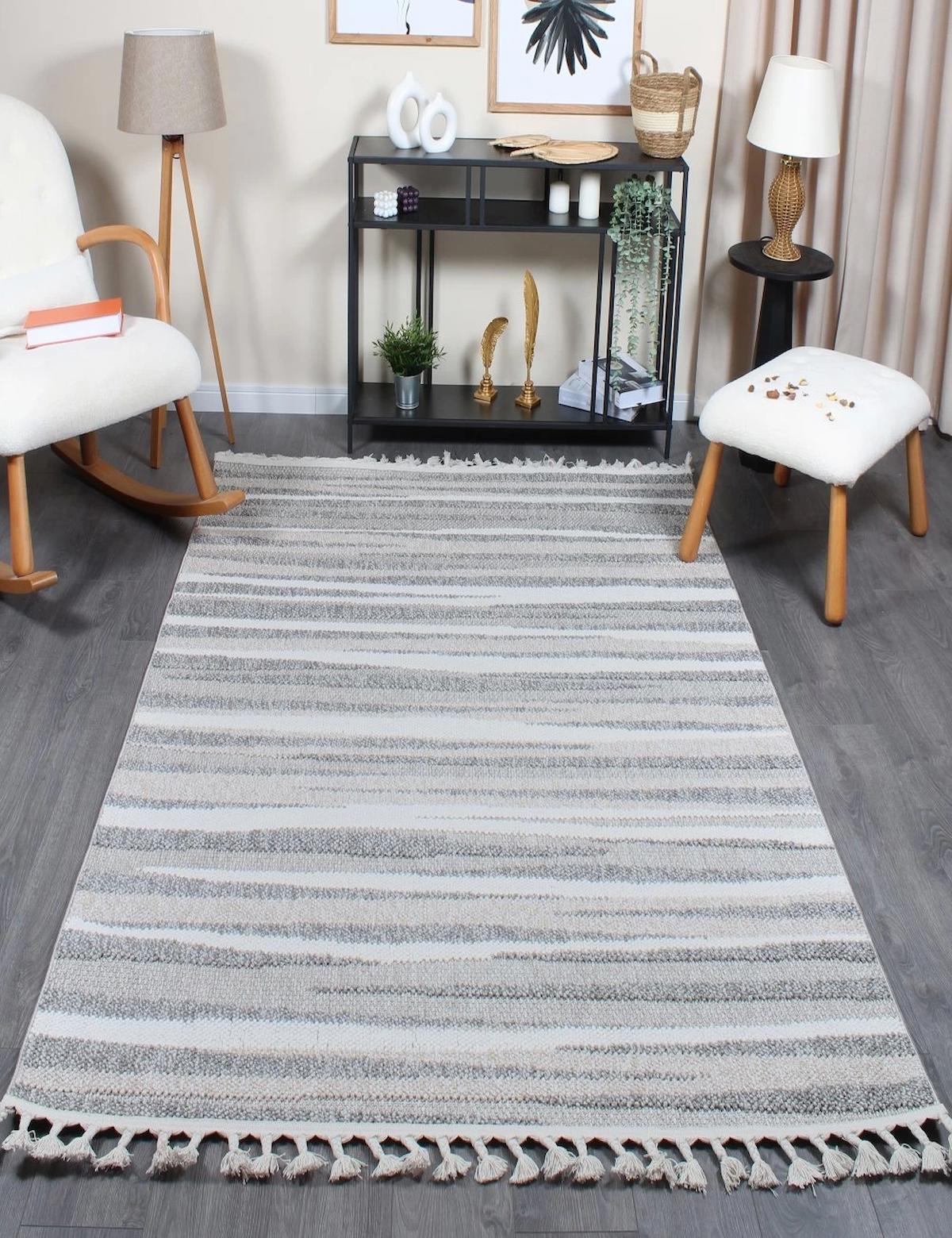 Hoom Rugs Bohho BH08 Antrasit Polyester Antialerjenik Yıkanabilir Orta Kaymaz Dikdörtgen Makine Dokuma Salon Halısı 40x60 cm