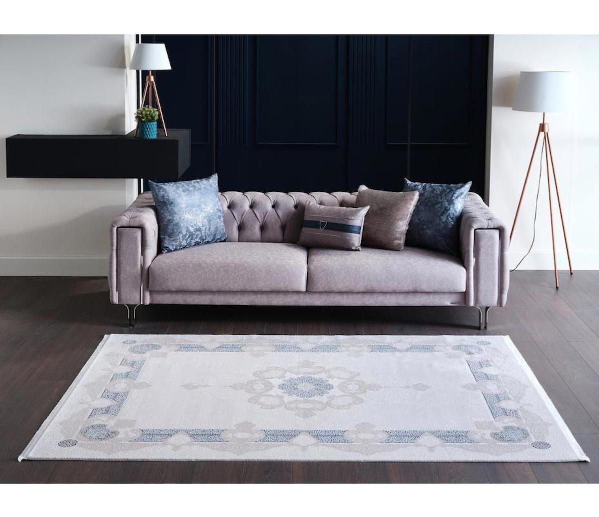 Gümüşsuyu Esiliva 13919 Mavi 6 mm Akrilik Antibakteriyel Yıkanabilir İnce Kaymaz Dikdörtgen Makine Dokuma Salon Halısı 100x150 cm