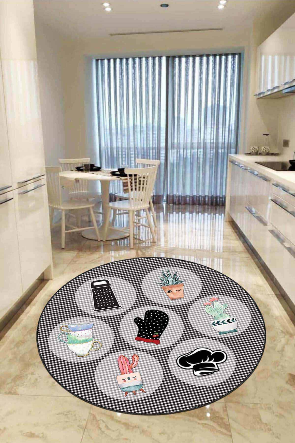 Viva Home AR919 Gri 7 mm Mikropolyester Toz Tutmaz Yıkanabilir İnce Kaymaz Dot Taban Çiçek Desenli Yuvarlak Makine Dokuma Salon Halısı 80x200 cm