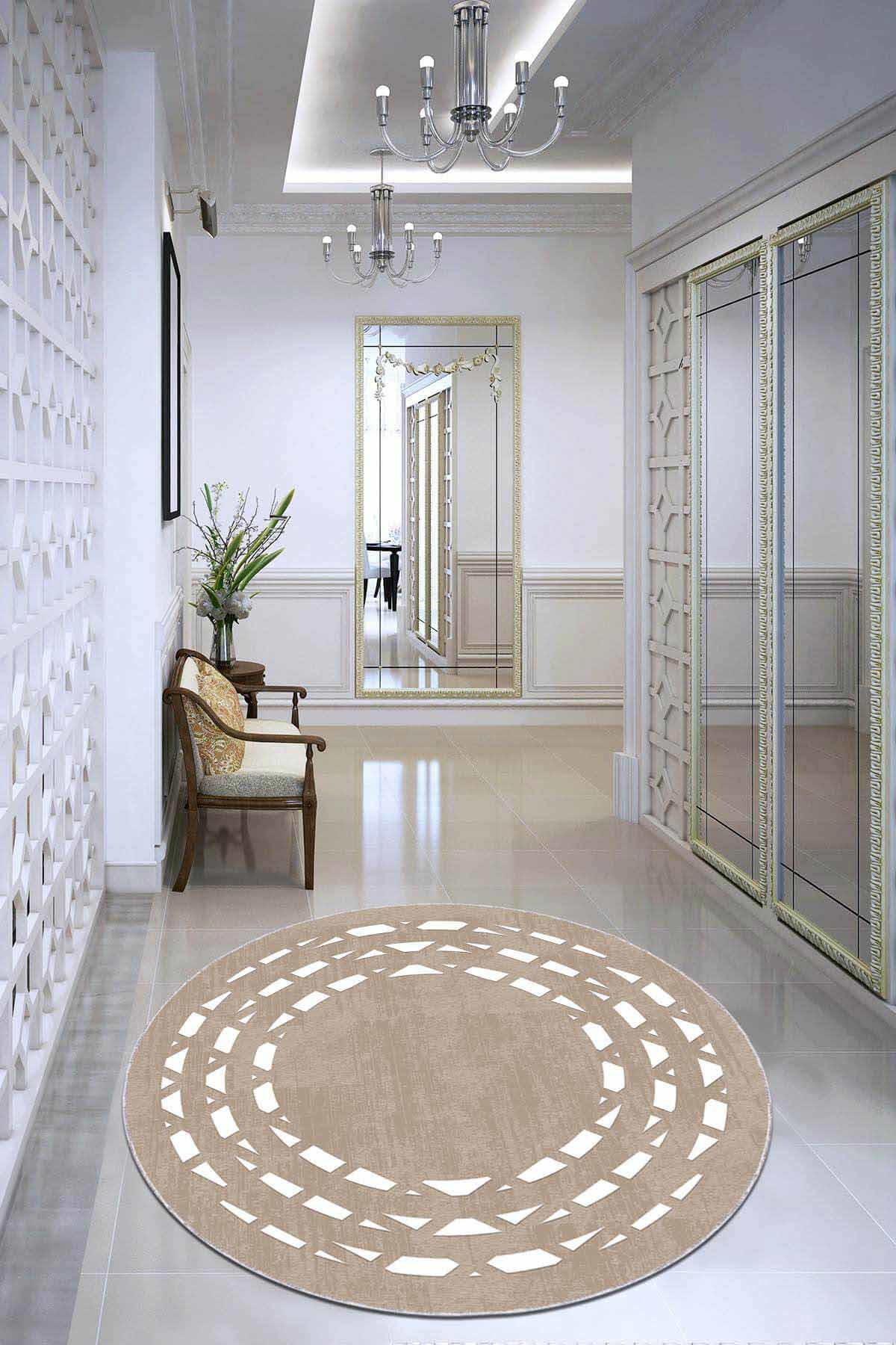 Viva Home AR934 Bej 7 mm Mikropolyester Yıkanabilir İnce Kaymaz Jüt Taban Yuvarlak Makine Dokuma Salon Halısı 100x300 cm