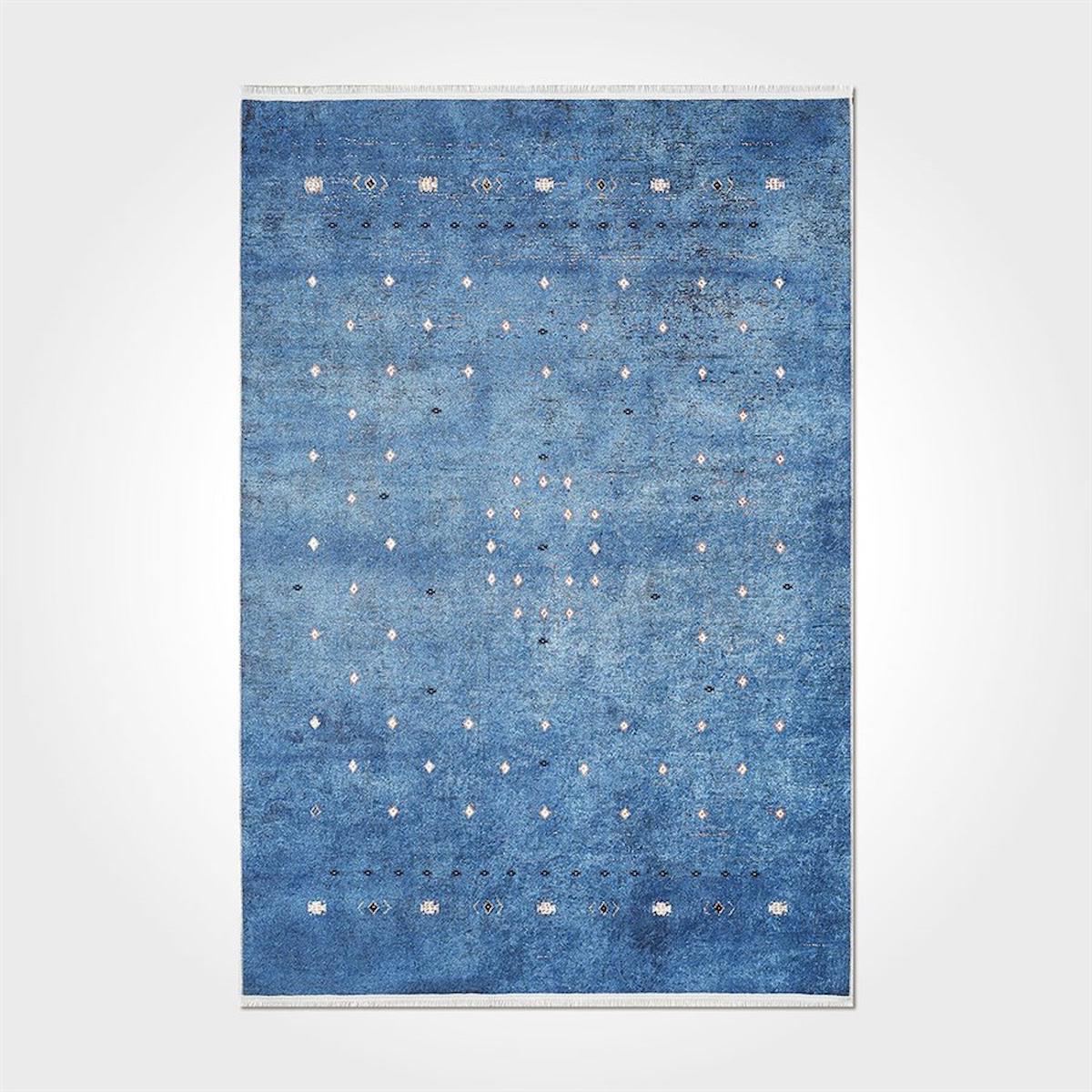 Crea Halı 2526PC Mavi Pamuk-Polyester Yıkanabilir İnce Kaymaz Pamuk Taban Dikdörtgen Makine Dokuma Salon Halısı 120x400 cm