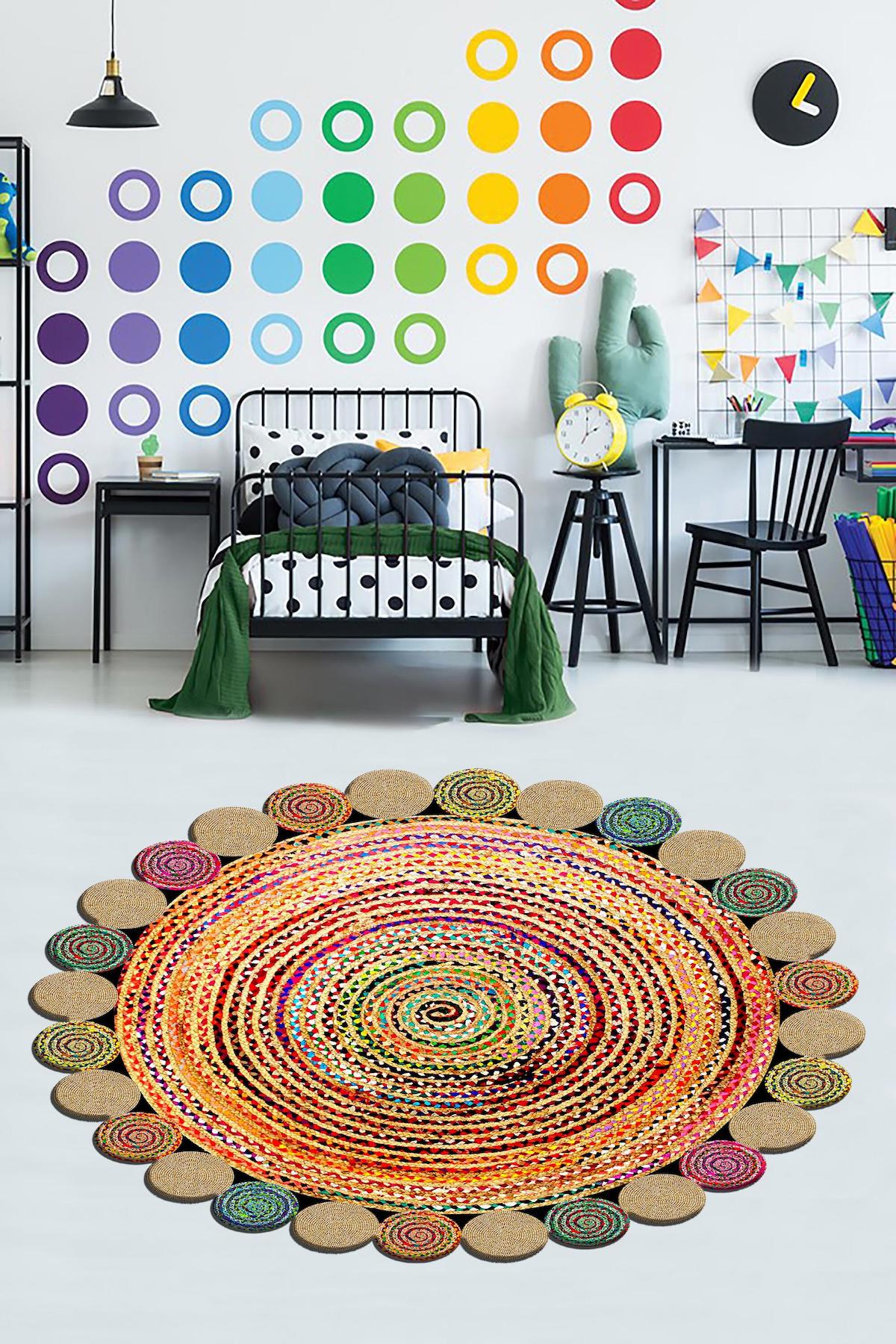 Homefesto Krem 5 mm Polyester Leke Tutmaz Yıkanabilir İnce Kaymaz Taban Geometrik Yuvarlak Makine Dokuma Genç Odası Halısı 180x280 cm