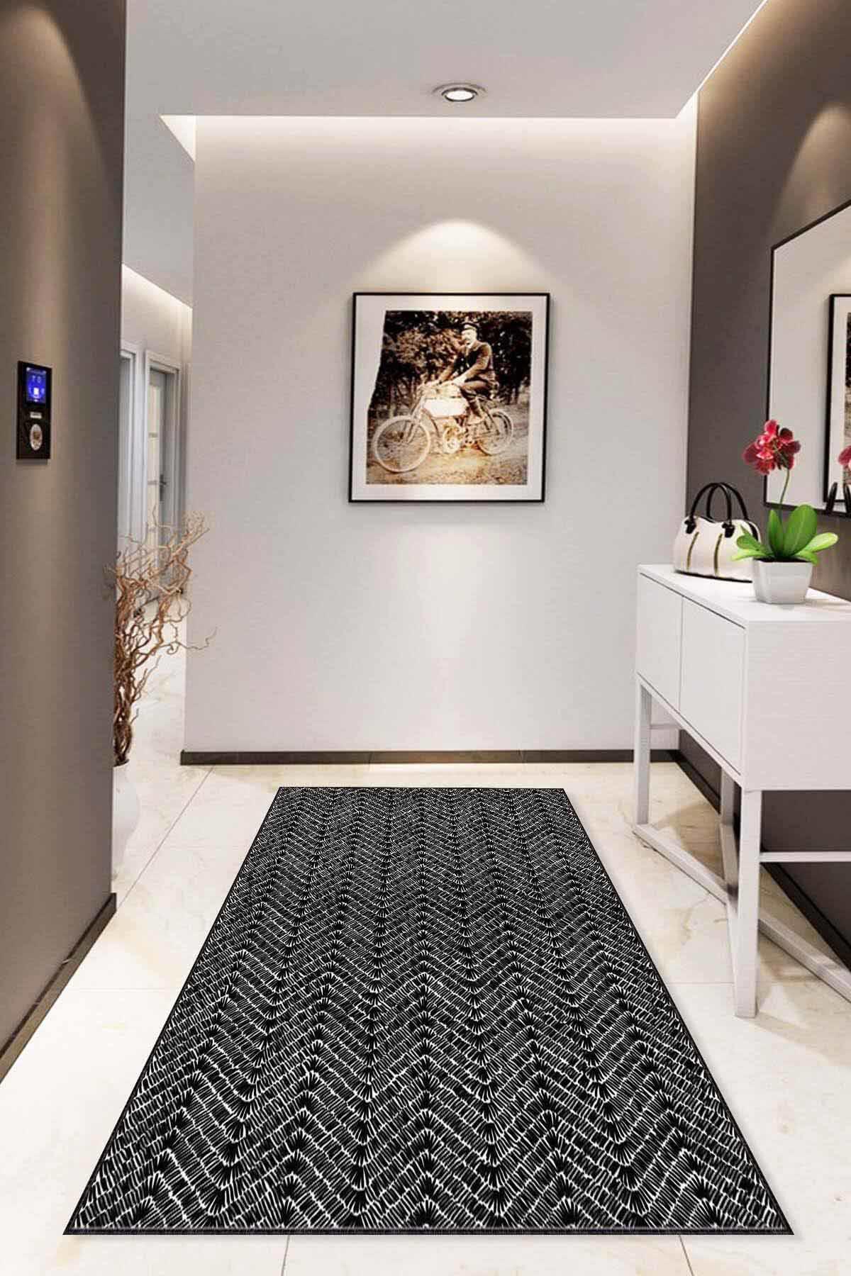 Viva Home RV205 Siyah 7 mm Mikropolyester Toz Tutmaz Yıkanabilir İnce Kaymaz Lateks Taban Dikdörtgen Makine Dokuma Salon Halısı 100x300 cm