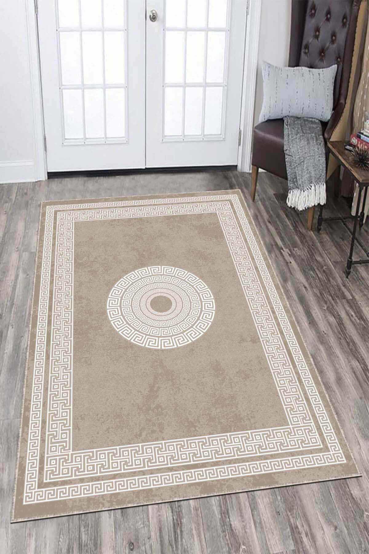 Viva Home AR689 Bej 7 mm Mikropolyester Yıkanabilir İnce Kaymaz Jüt Taban Dikdörtgen Makine Dokuma Salon Halısı 160x230 cm