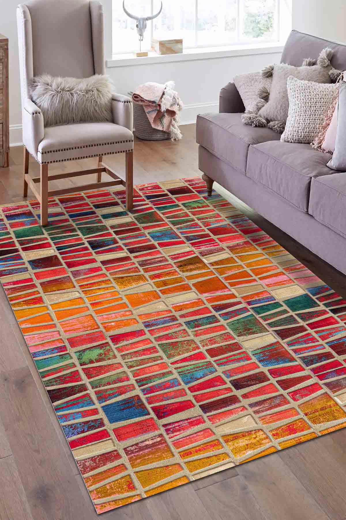 Latte Dizayn Leticia Krem 0.5 mm Pamuk Antibakteriyel Yıkanabilir İnce Kaymaz Pamuk Taban Dikdörtgen Makine Dokuma Salon Halısı 120x170 cm