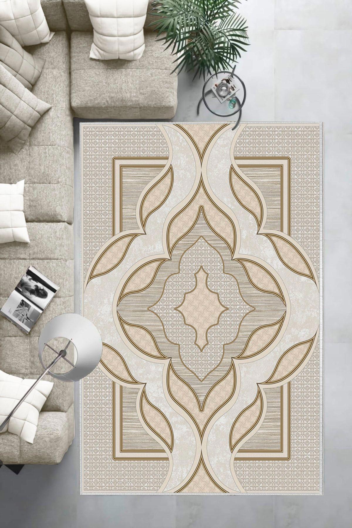 Aldora B1268 Bej 9 mm Deri Yıkanabilir İnce Kaymaz Jüt Taban Dikdörtgen Makine Dokuma Salon Halısı 120x180 cm