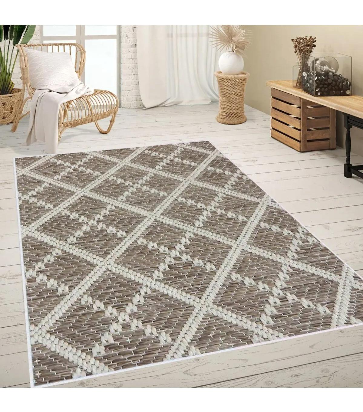 Rovigo Home RVG0631 Gri - Kahverengi 8 mm Polyester Antibakteriyel-Leke Tutmaz-Toz Tutmaz Yıkanabilir İnce Kaymaz Dot Taban Dikdörtgen Makine Dokuma Salon Halısı 120x180 cm