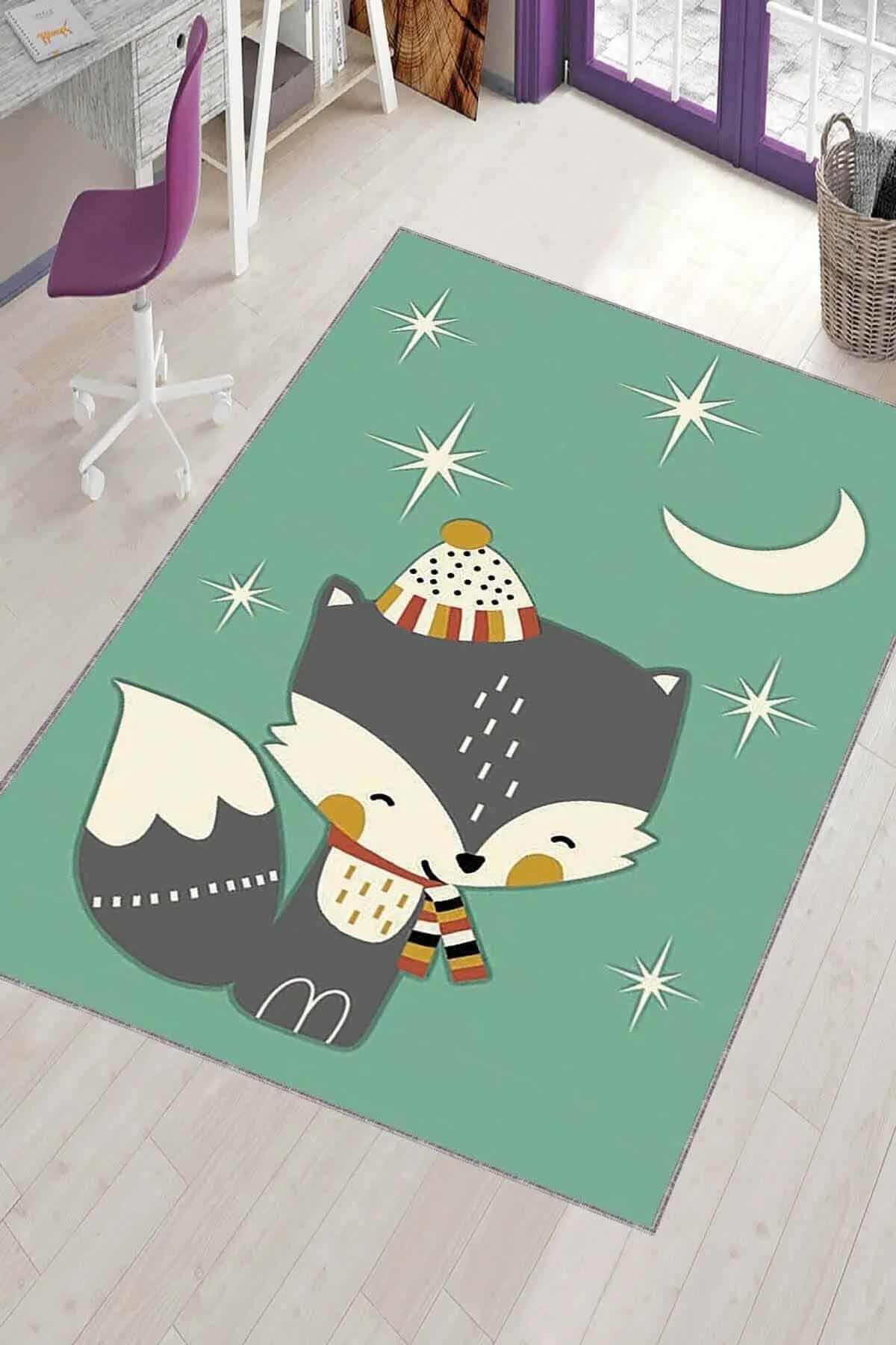 Viva Home KD044 Yeşil 7 mm Mikropolyester Toz Tutmaz Yıkanabilir İnce Kaymaz Taban Hayvan Desenli Dikdörtgen Makine Dokuma Çocuk Odası Halısı 100x100 cm