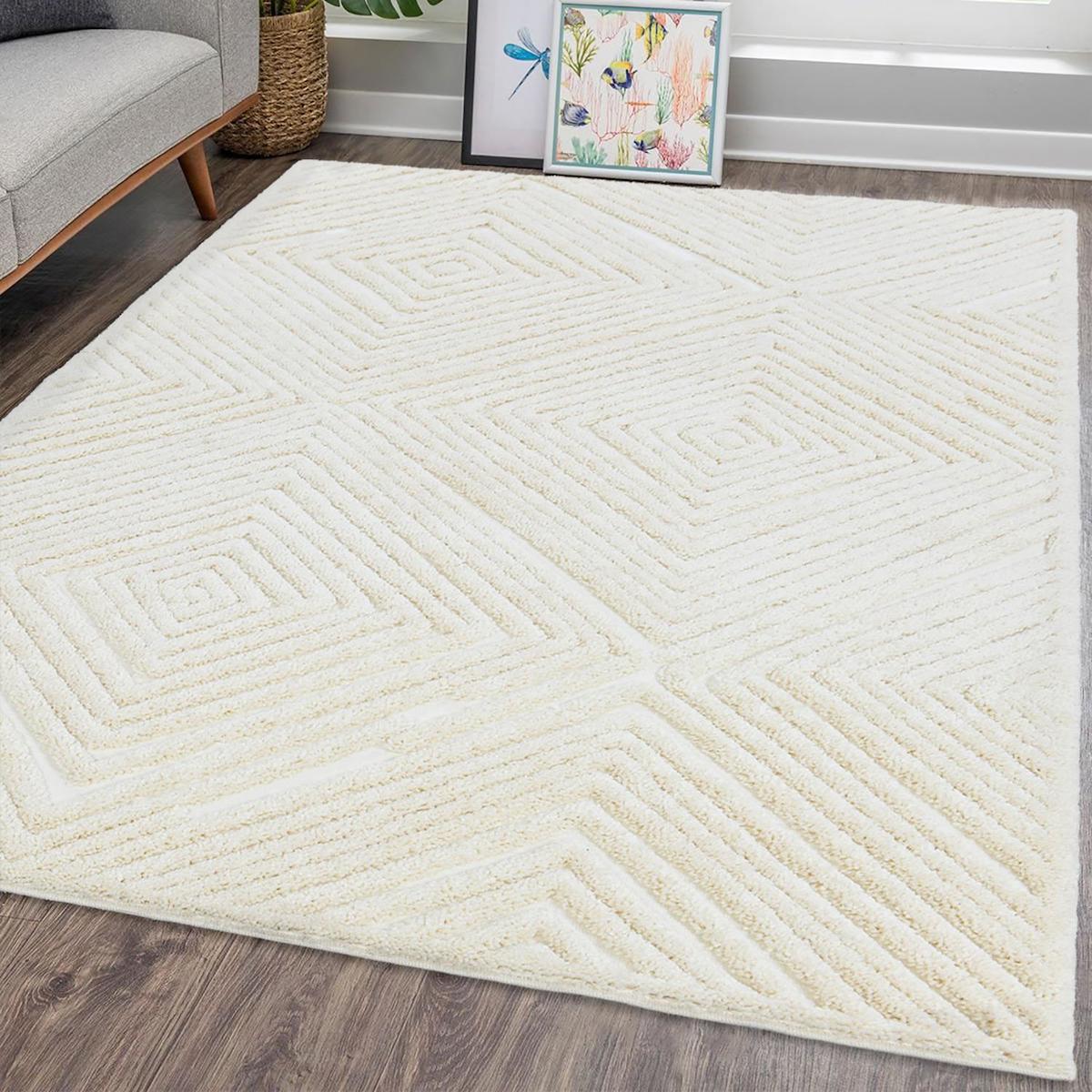 Giza Home Madu 1336Y Krem 20 mm Polyester Antibakteriyel Yıkanabilir Kalın Kaymaz Geometrik Dikdörtgen Makine Dokuma Çocuk Odası-Oturma Odası Halısı 100x200 cm
