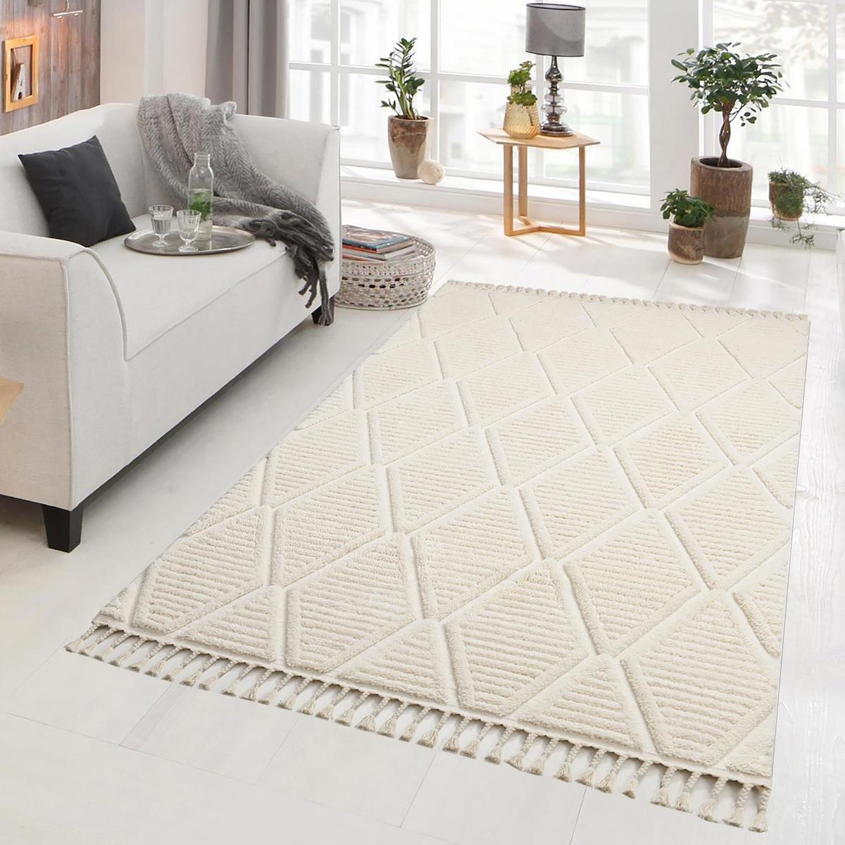 Giza Home Madu 1300T Krem 20 mm Polyester Antibakteriyel Yıkanabilir Kalın Kaymaz Geometrik Dikdörtgen Makine Dokuma Oturma Odası-Salon Halısı 80x150 cm