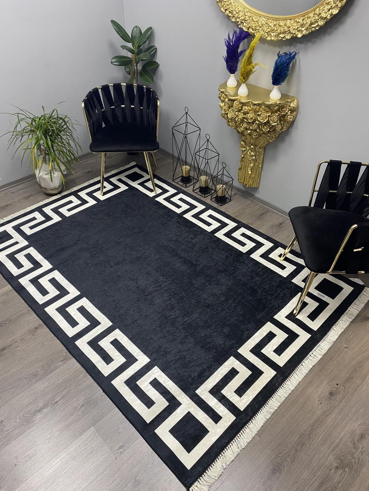 Halı Furyası Siyah Pamuk Yıkanabilir İnce Kaymaz Jüt Taban Dikdörtgen Makine Dokuma Salon Halısı 140x200 cm