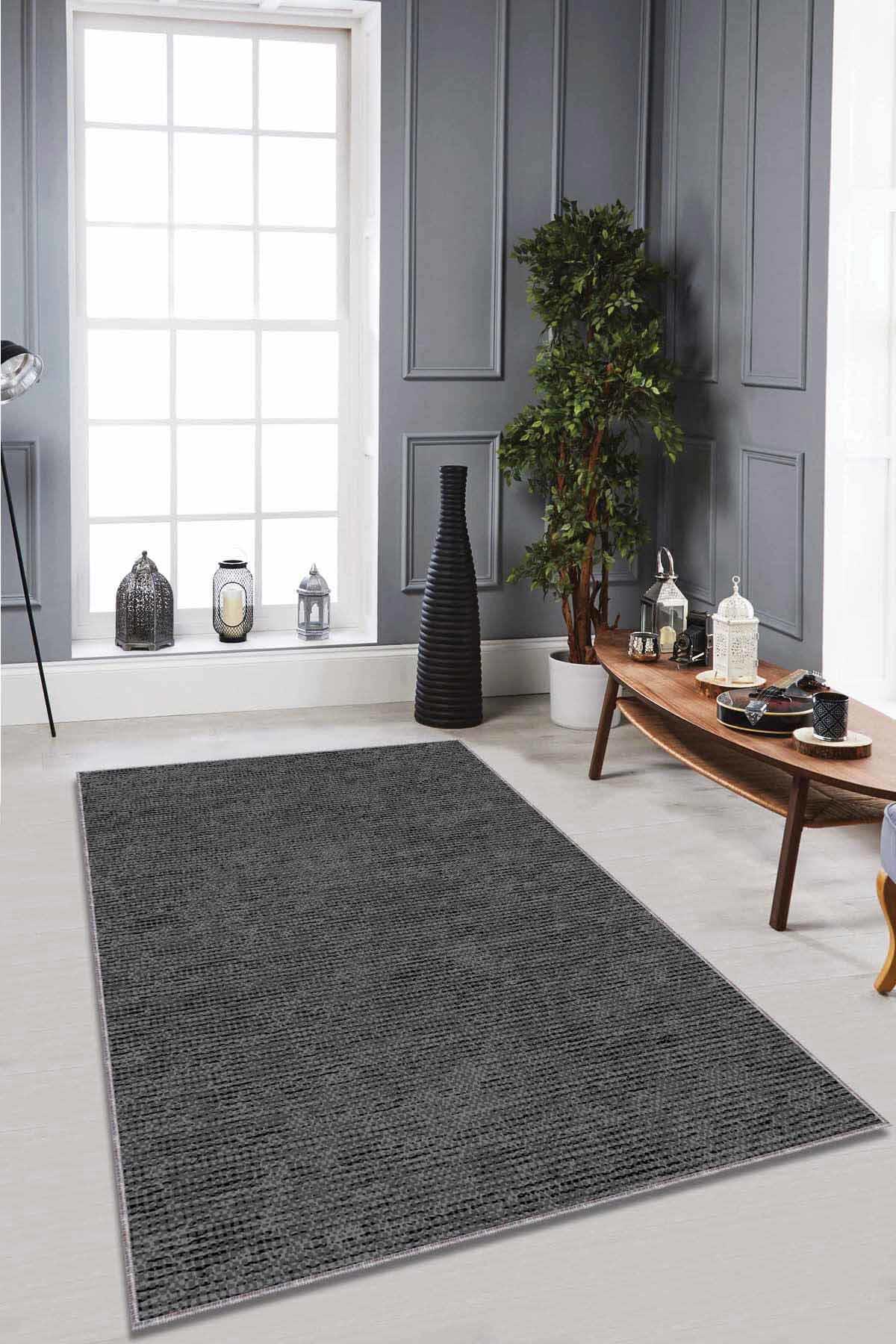 Viva Home RV198 Füme 7 mm Mikropolyester Silinebilir Yıkanabilir Kaymaz Dikdörtgen Makine Dokuma Salon Halısı 80x200 cm