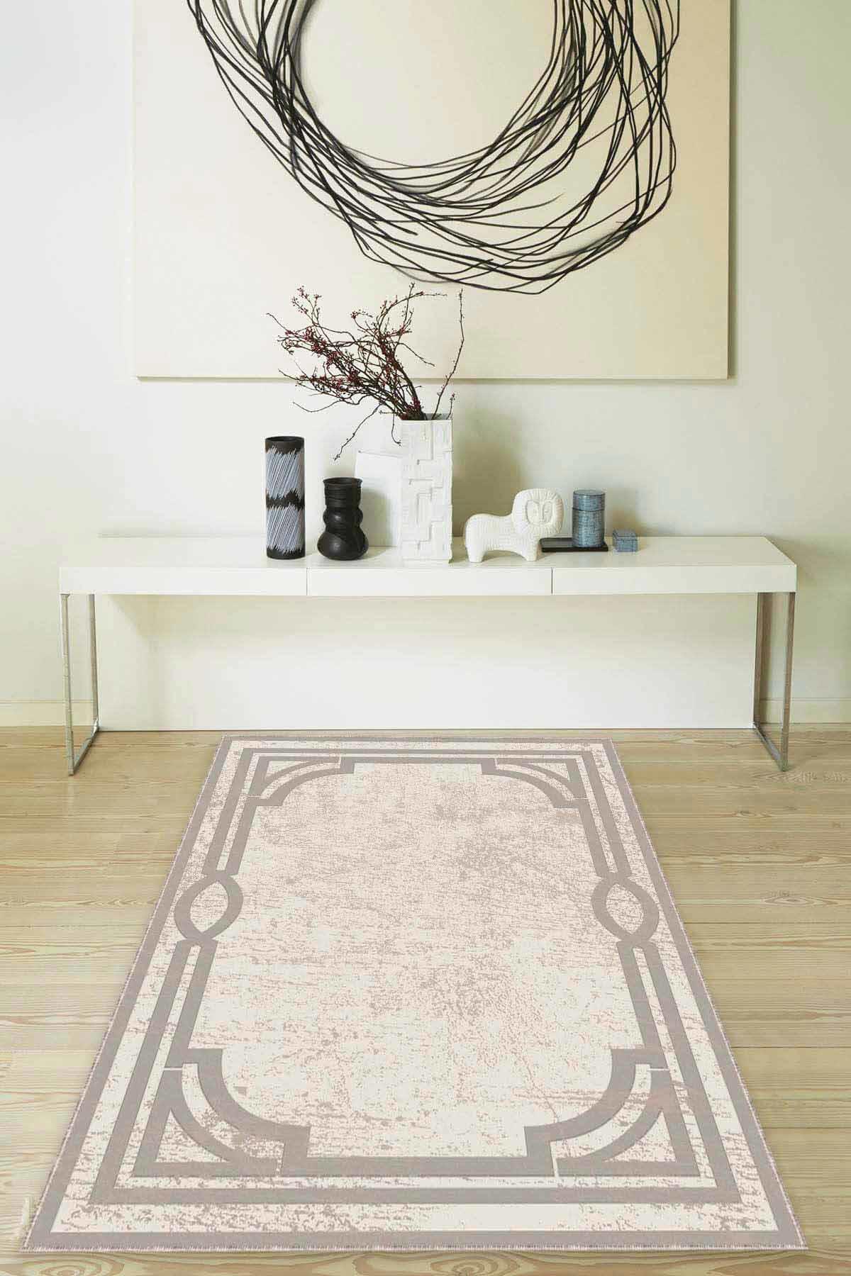 Viva Home MK41 Bej 7 mm Mikropolyester Yıkanabilir İnce Kaymaz Jüt Taban Dikdörtgen Makine Dokuma Salon Halısı 160x230 cm