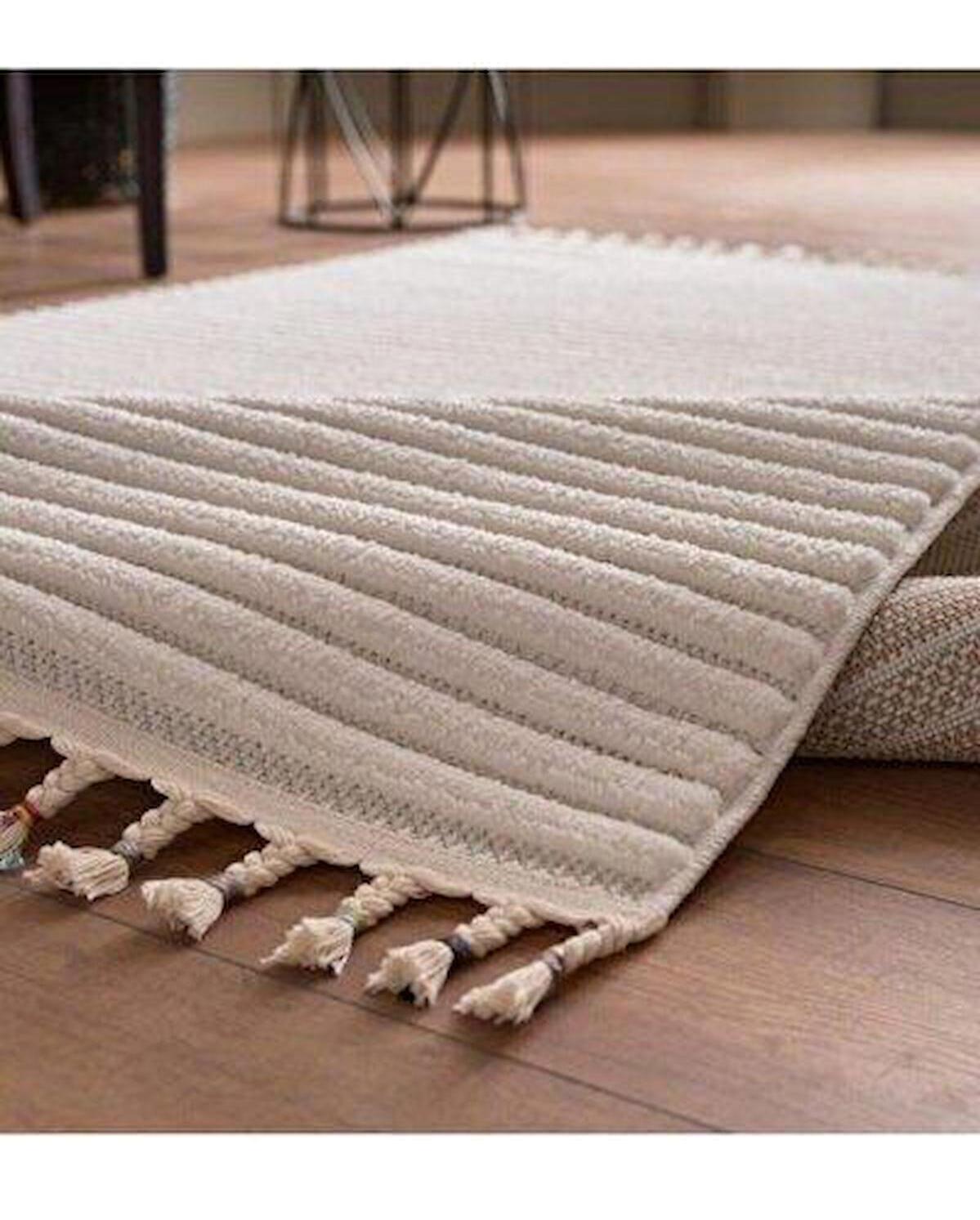 Gümüşsuyu Deco Alvin 12729 Krem 6 mm Polyester Antibakteriyel Yıkanabilir İnce Kaymaz Jüt Taban Dikdörtgen Makine Dokuma Salon Halısı 100x200 cm