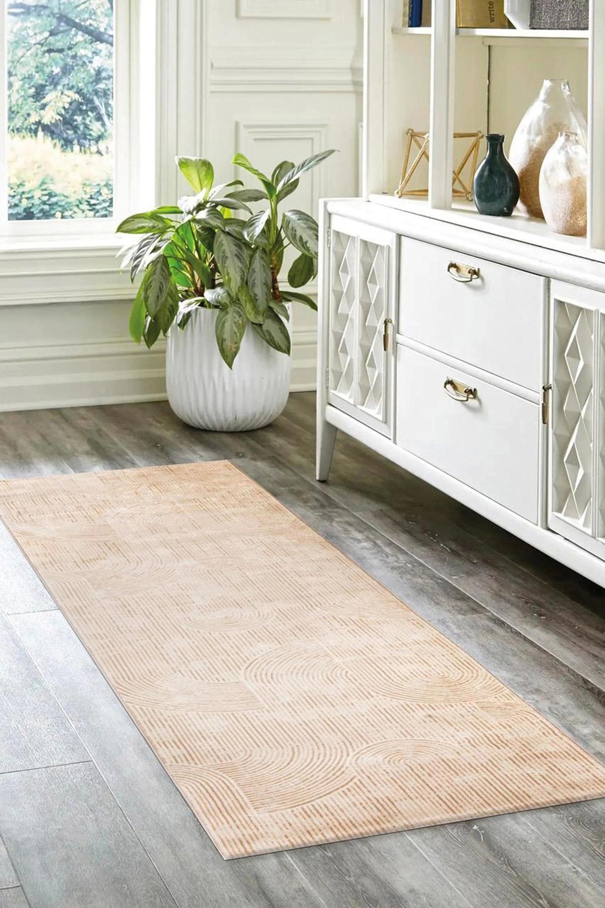Şehrazat Home 1120 Bej 0.9 mm Polyester Antibakteriyel Yıkanabilir İnce Kaymaz Dikdörtgen Makine Dokuma Salon Halısı 120x180 cm