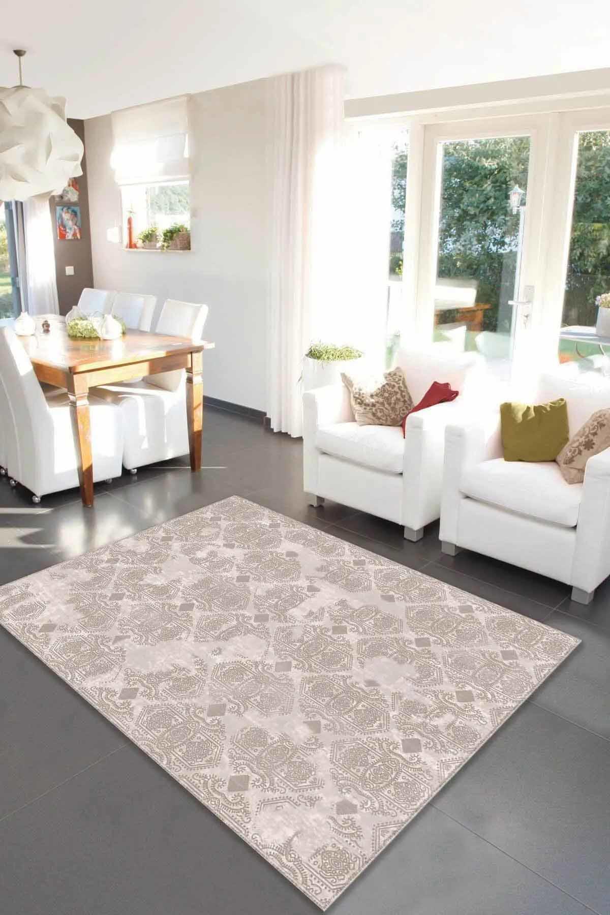 Viva Home AL005 Bej 7 mm Mikropolyester Yıkanabilir İnce Kaymaz Jüt Taban Dikdörtgen Makine Dokuma Salon Halısı 200x290 cm