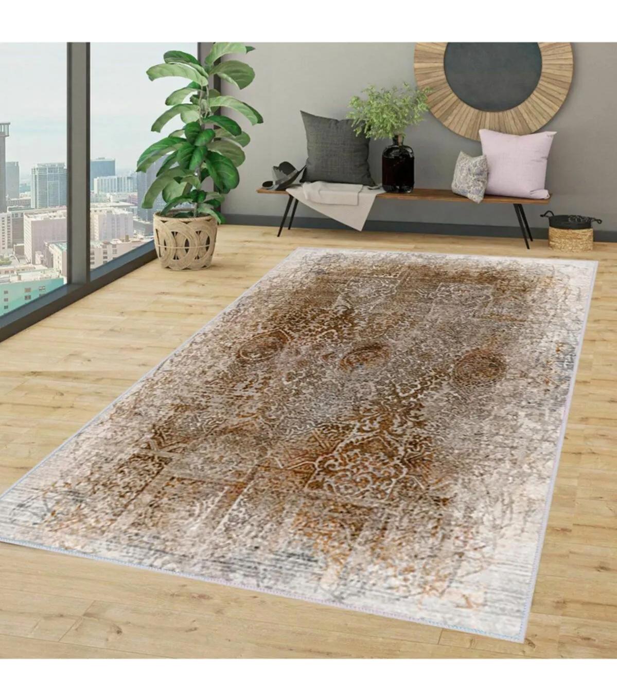 Rovigo Home RVG1366-SD297 Bej-Kahverengi 8 mm Polyester Leke Tutmaz-Toz Tutmaz Yıkanabilir İnce Kaymaz Dot Taban Dikdörtgen Makine Dokuma Salon Halısı 120x180 cm