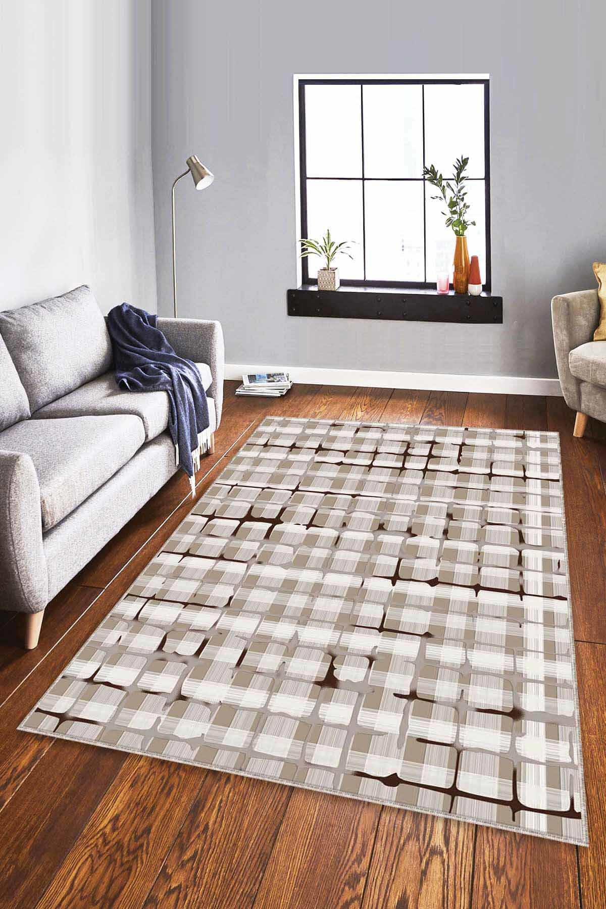 Viva Home FV008 Bej 7 mm Mikropolyester Leke Tutmaz Yıkanabilir İnce Kaymaz Dot Taban Dikdörtgen Makine Dokuma Salon Halısı 180x250 cm
