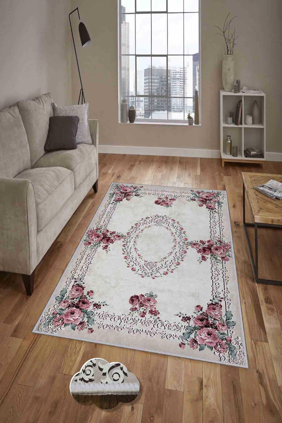 Homefesto Krem 5 mm Polyester Leke Tutmaz Yıkanabilir İnce Kaymaz Taban Çiçek Desenli Dikdörtgen Makine Dokuma Salon Halısı 100x160 cm