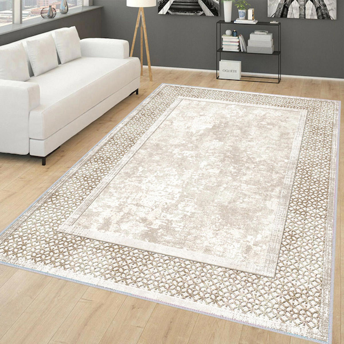 Rovigo Home RVG0171-SD704 Krem 8 mm Polyester Yıkanabilir Orta Kaymaz Dot Taban Dikdörtgen Makine Dokuma Salon Halısı 100x300 cm