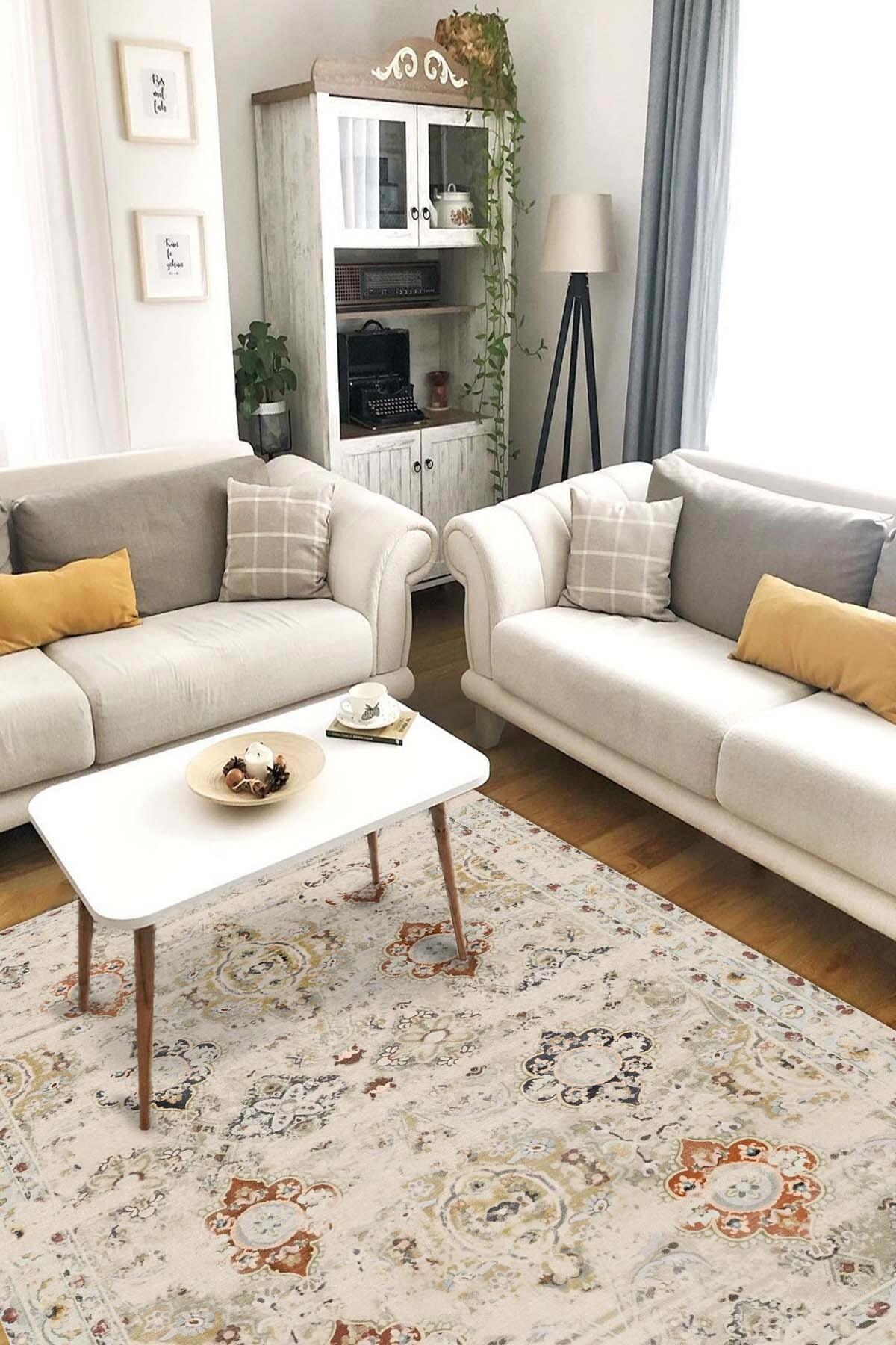 Latte Dizayn Jety Krem 0.5 mm Pamuk Antibakteriyel Yıkanabilir İnce Kaymaz Pamuk Taban Dikdörtgen Makine Dokuma Salon Halısı 120x170 cm