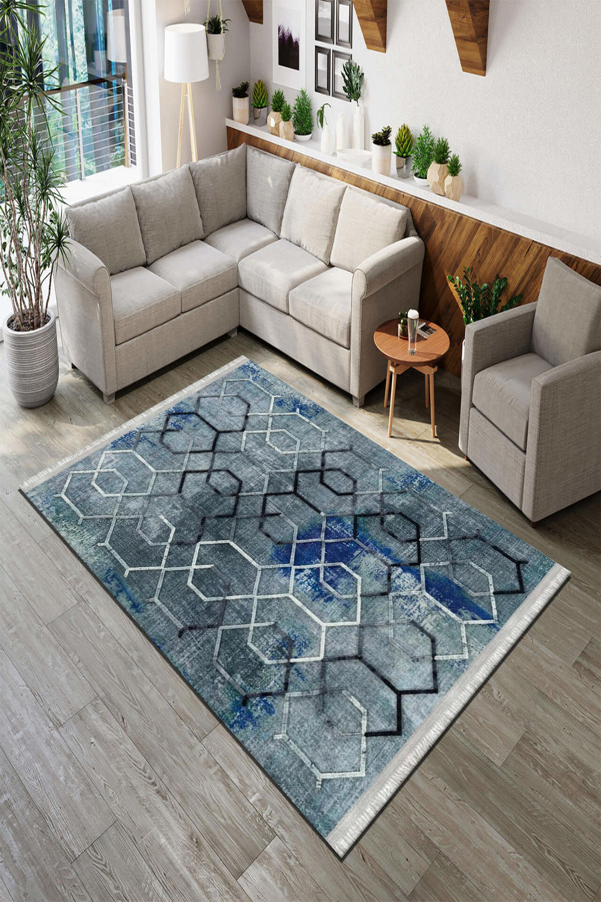 Roslyn Home Lacivert 6 mm Polyester Antibakteriyel Yıkanabilir İnce Kaymaz Dot Taban Dikdörtgen Makine Dokuma Salon Halısı 100x150 cm